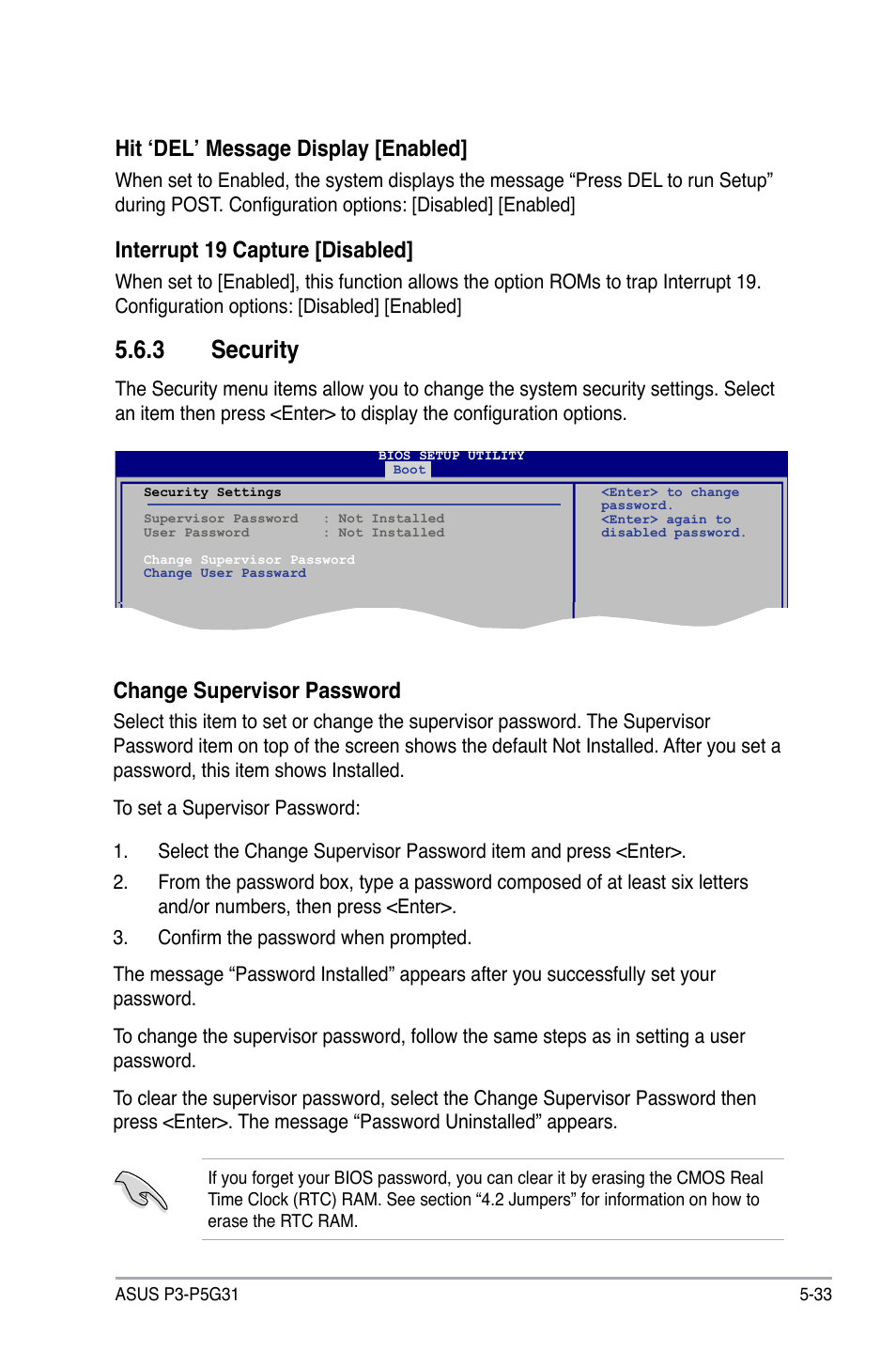 3 security, Hit ‘del’ message display [enabled, Interrupt 19 capture [disabled | Change supervisor password | Asus P3-P5G31 User Manual | Page 97 / 100