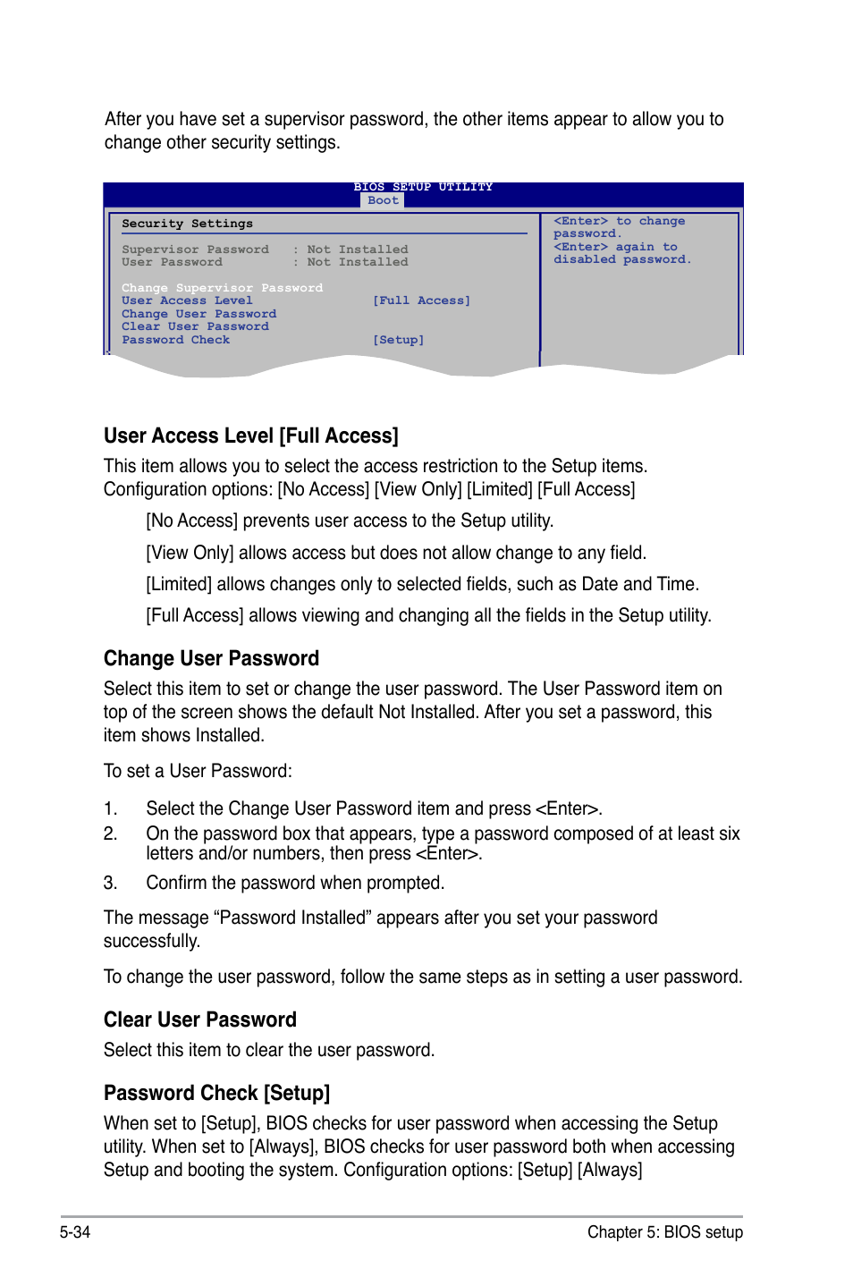 User access level [full access, Change user password, Clear user password | Password check [setup | Asus P3-P5G31 User Manual | Page 98 / 100