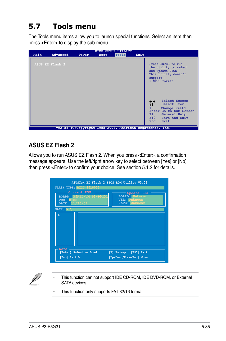 7 tools menu, Asus ez flash 2 | Asus P3-P5G31 User Manual | Page 99 / 100