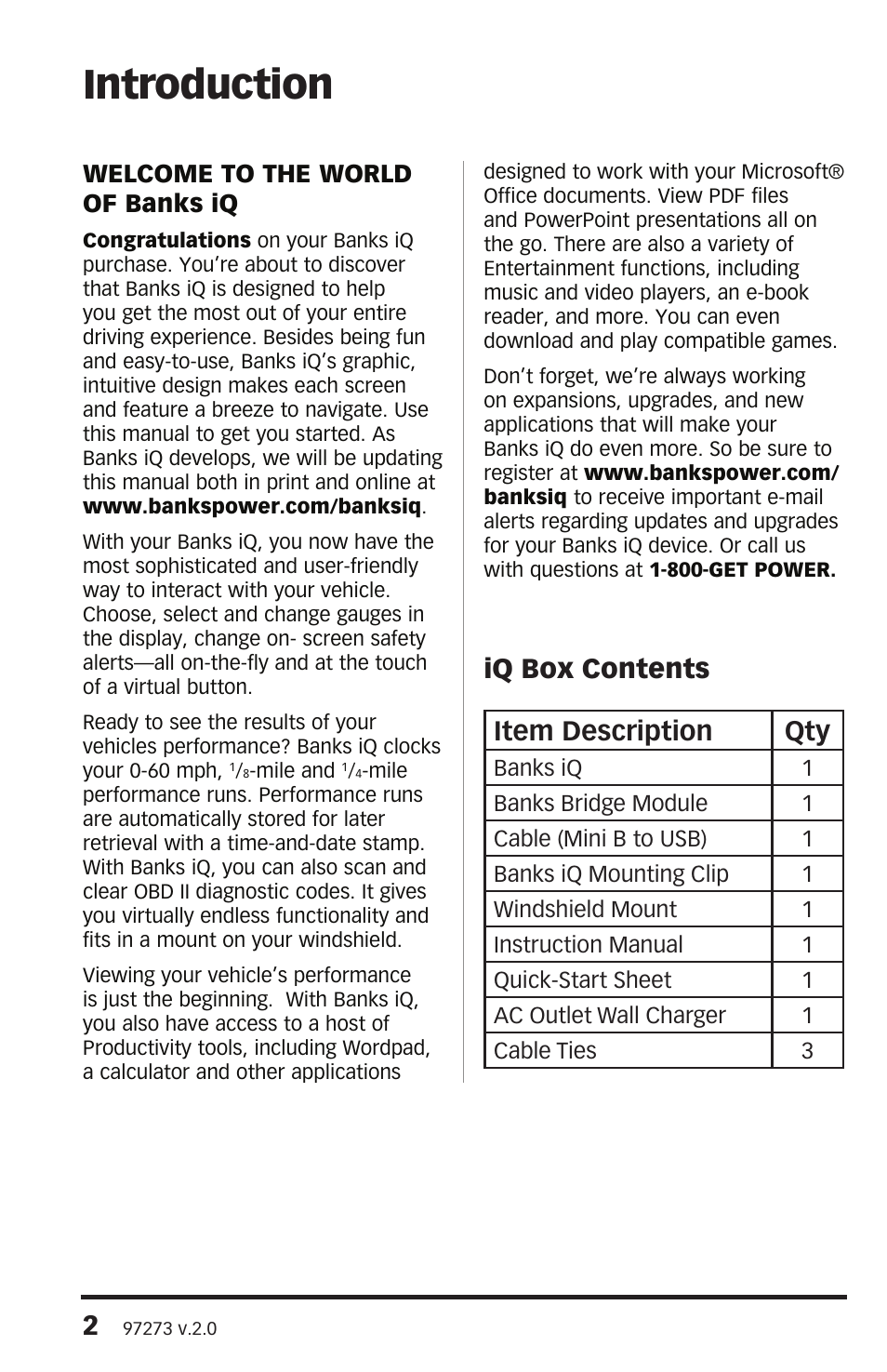 Introduction, Iq box contents item description qty | Banks Power Interface- Banks iQ 2.0 1996 & Later Vehicles with OBDII Diagnostics User Manual | Page 2 / 48