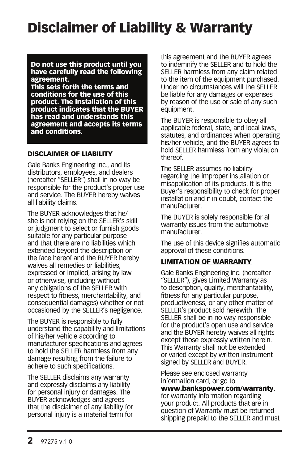 Disclaimer of liability & warranty | Banks Power Backup Camera For use with Banks iQ 2.0 User Manual | Page 2 / 8