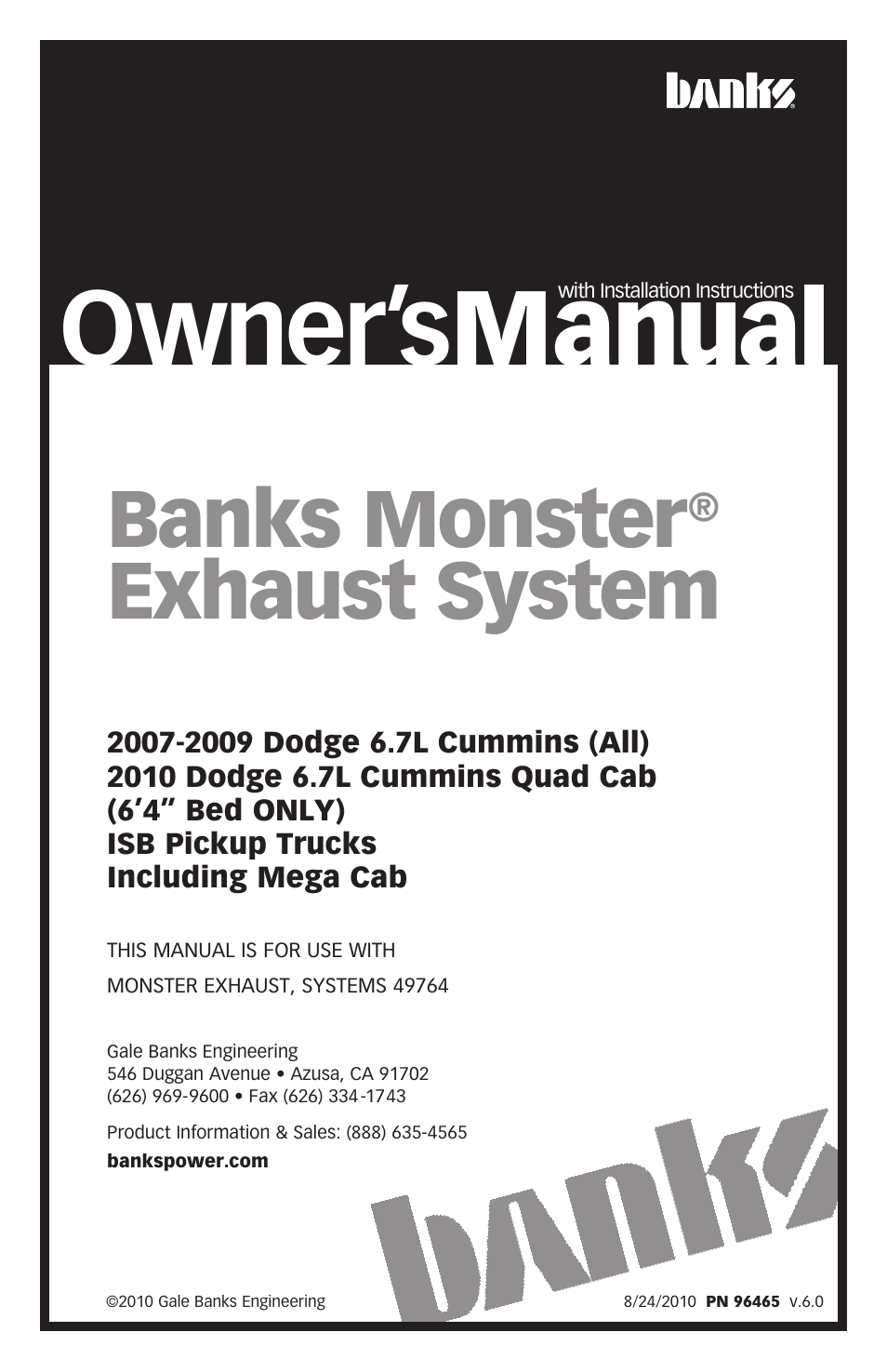 Banks Power Dodge Trucks: (Diesel ’07 - 12 6.7L Cummins) Exhaust- Monster Exhaust ('07-10), Single Passenger side exit Including Mega Cab User Manual | 8 pages