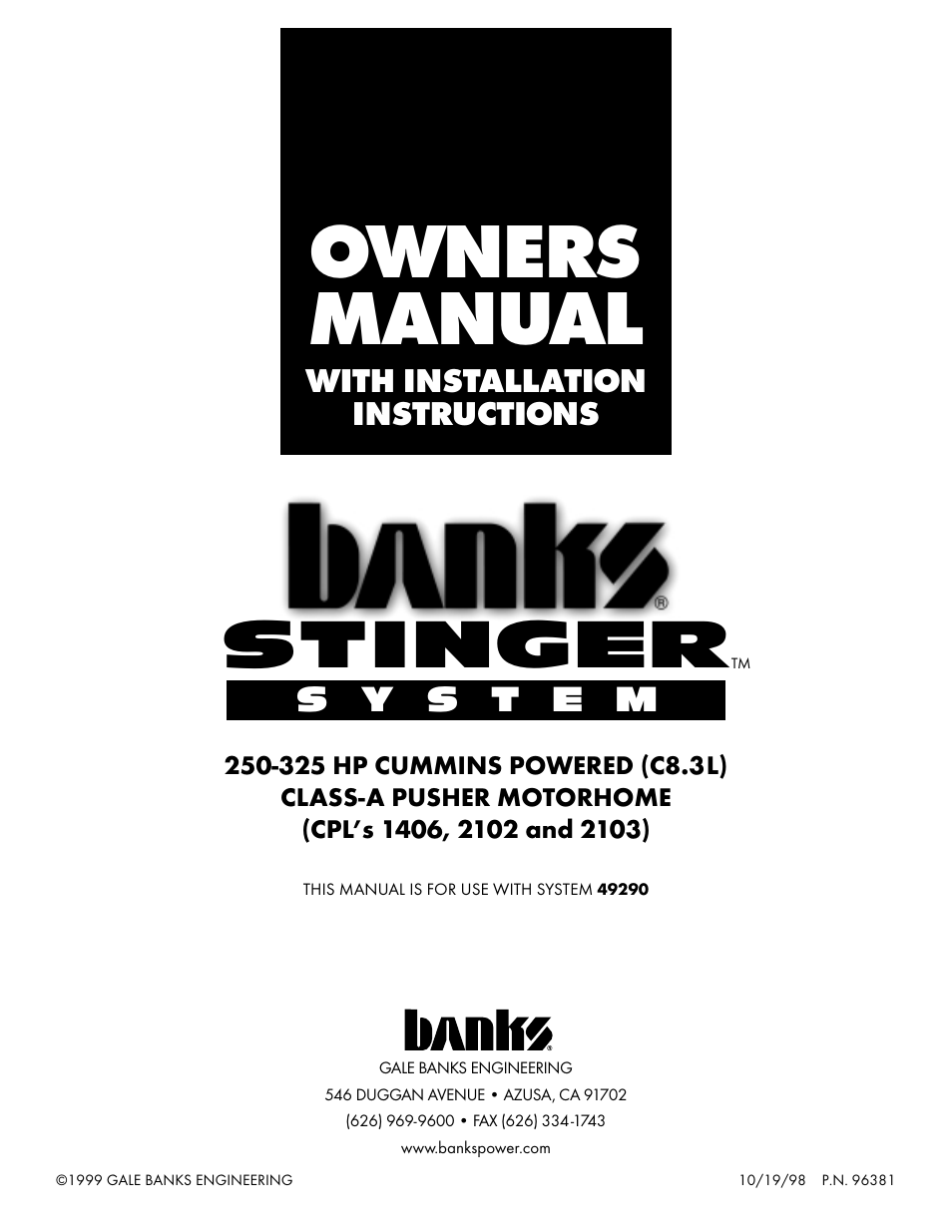 Banks Power Cummins Motorhomes: (Diesel ’93 - 98 B5.9L & C8.3L) Power Systems- Stinger system 8.3L, 250-325-hp rated Class-A Pusher MH User Manual | 12 pages
