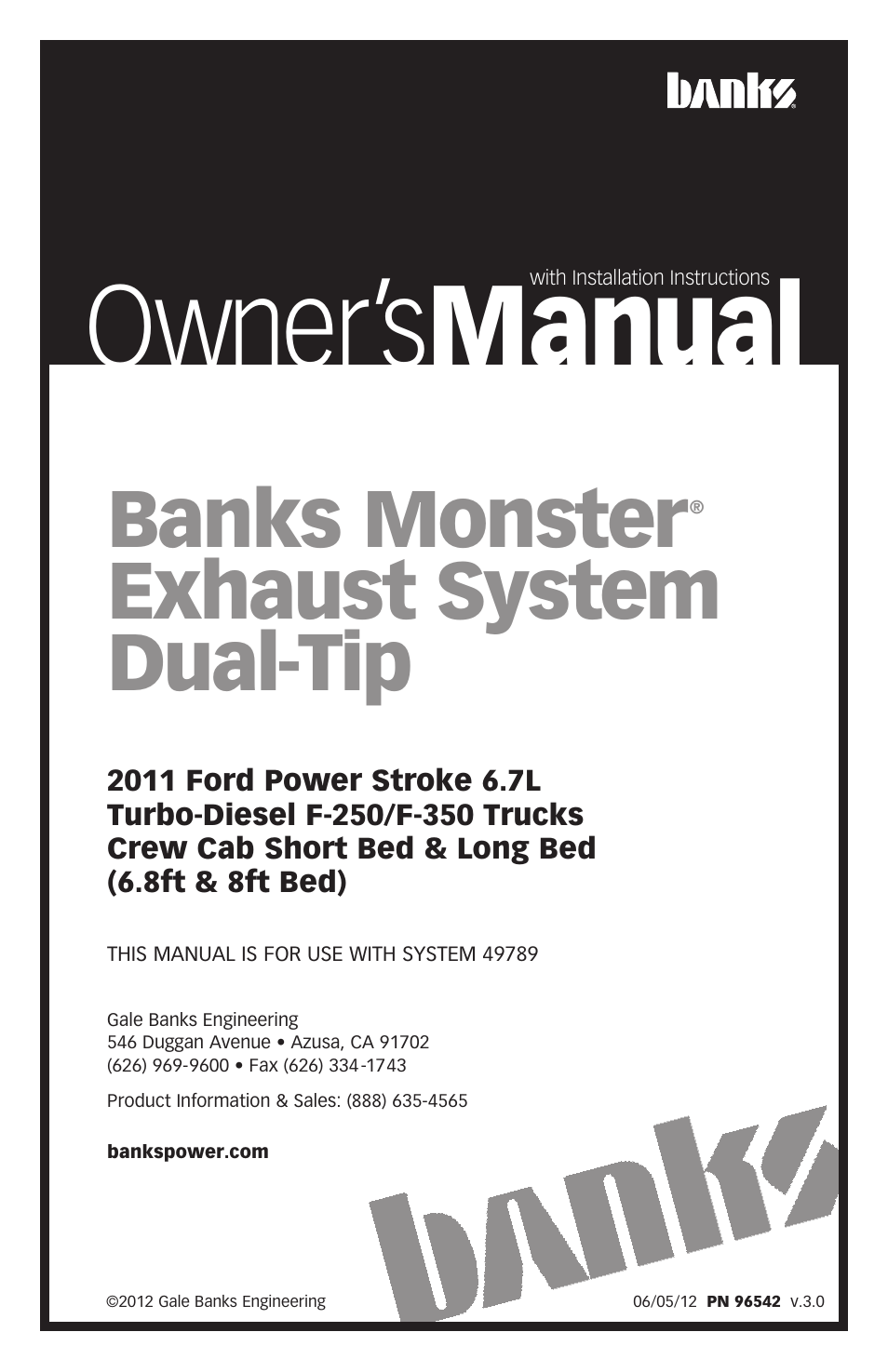 Banks Power Ford Trucks: (Diesel ’11 - 14 6.7L Power Stroke) Exhaust- Monster Exhaust, Dual-Tip Passenger side exit '11 F-250_F-350 CCLB User Manual | 8 pages