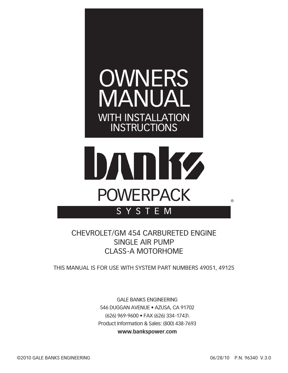 Banks Power GM Motorhomes: (Gas ’82 - 95 7.4L) PowerPack system (Carbureted, single air pump) User Manual | 12 pages