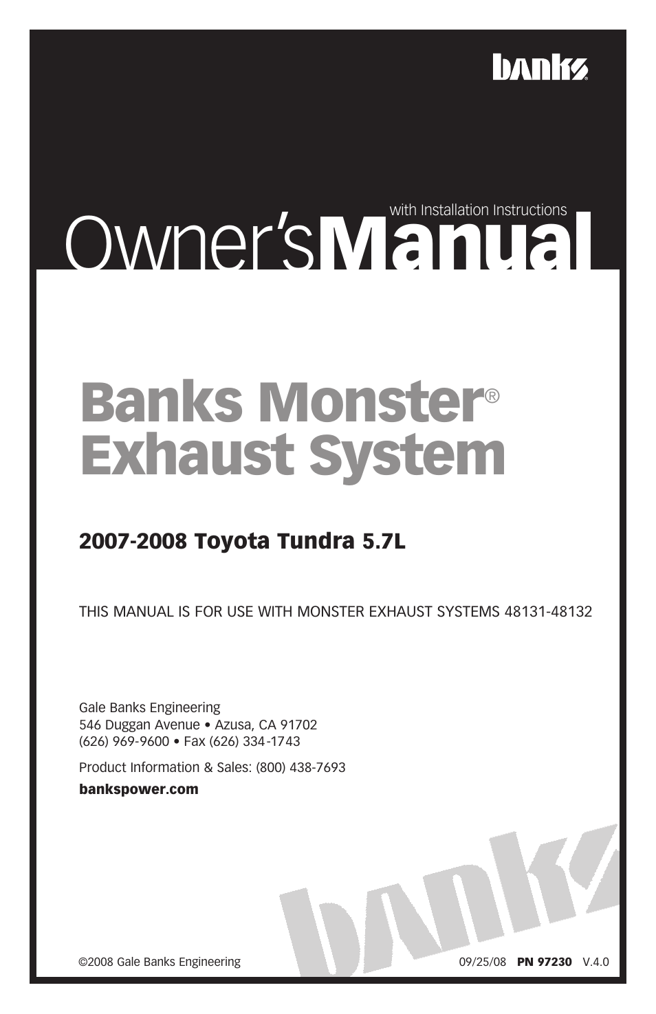 Banks Power Toyota Trucks: (Gas ’07 - 14 5.7L Tundra) Exhaust- Monster Exhaust, Single Passenger side exit '07-08 User Manual | 12 pages