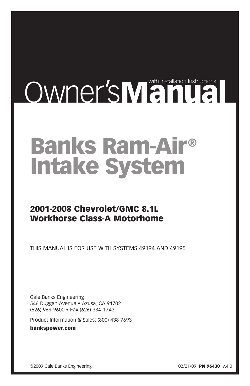 Banks Power GM Motorhomes: (Gas ’01 - 10 8.1L Workhorse) Intake- Ram-Air Intake system '01-08 Class-A MH User Manual | 24 pages
