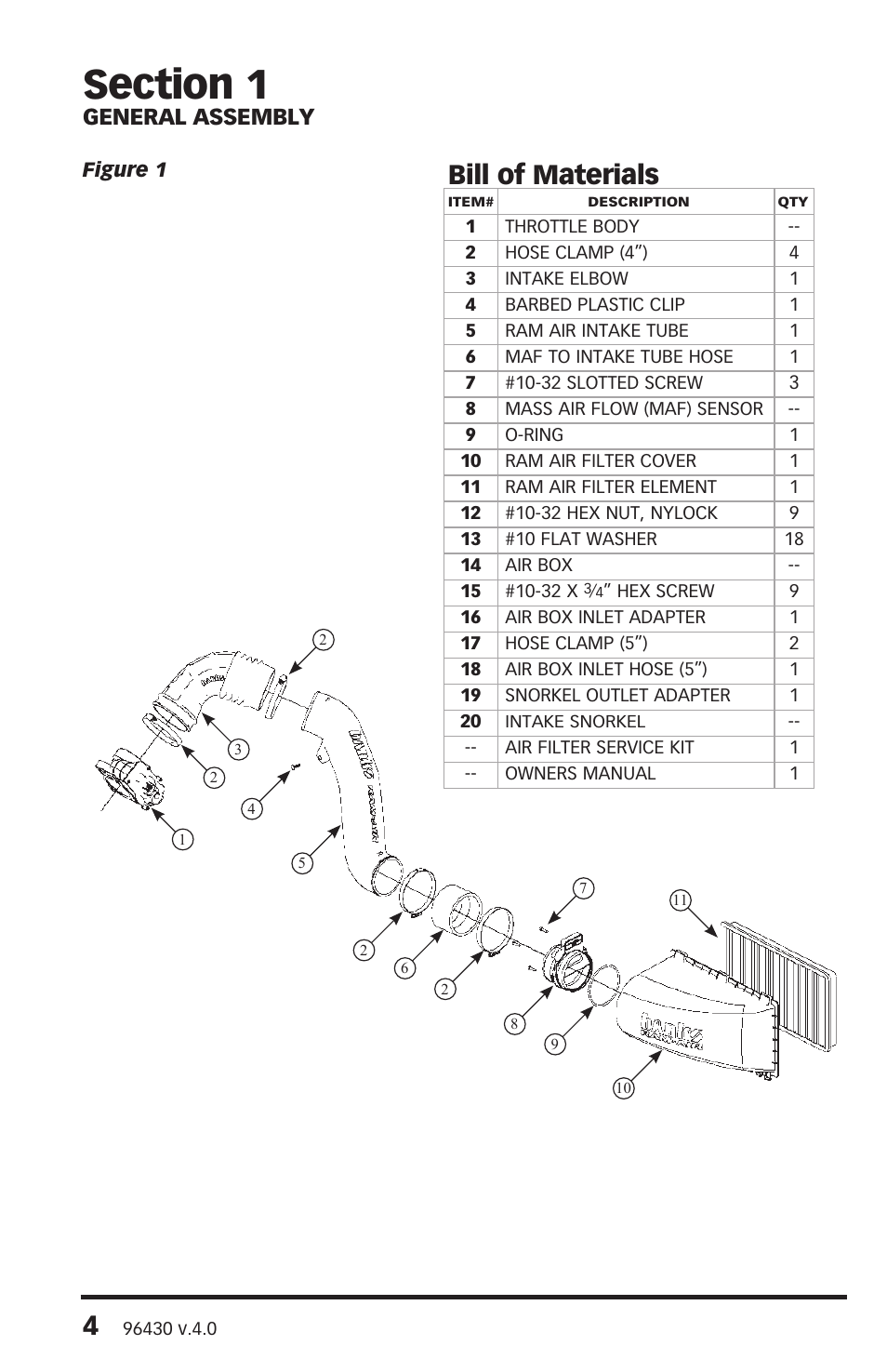 Bill of materials, General assembly | Banks Power GM Motorhomes: (Gas ’01 - 10 8.1L Workhorse) Intake- Ram-Air Intake system '01-08 Class-A MH User Manual | Page 4 / 24
