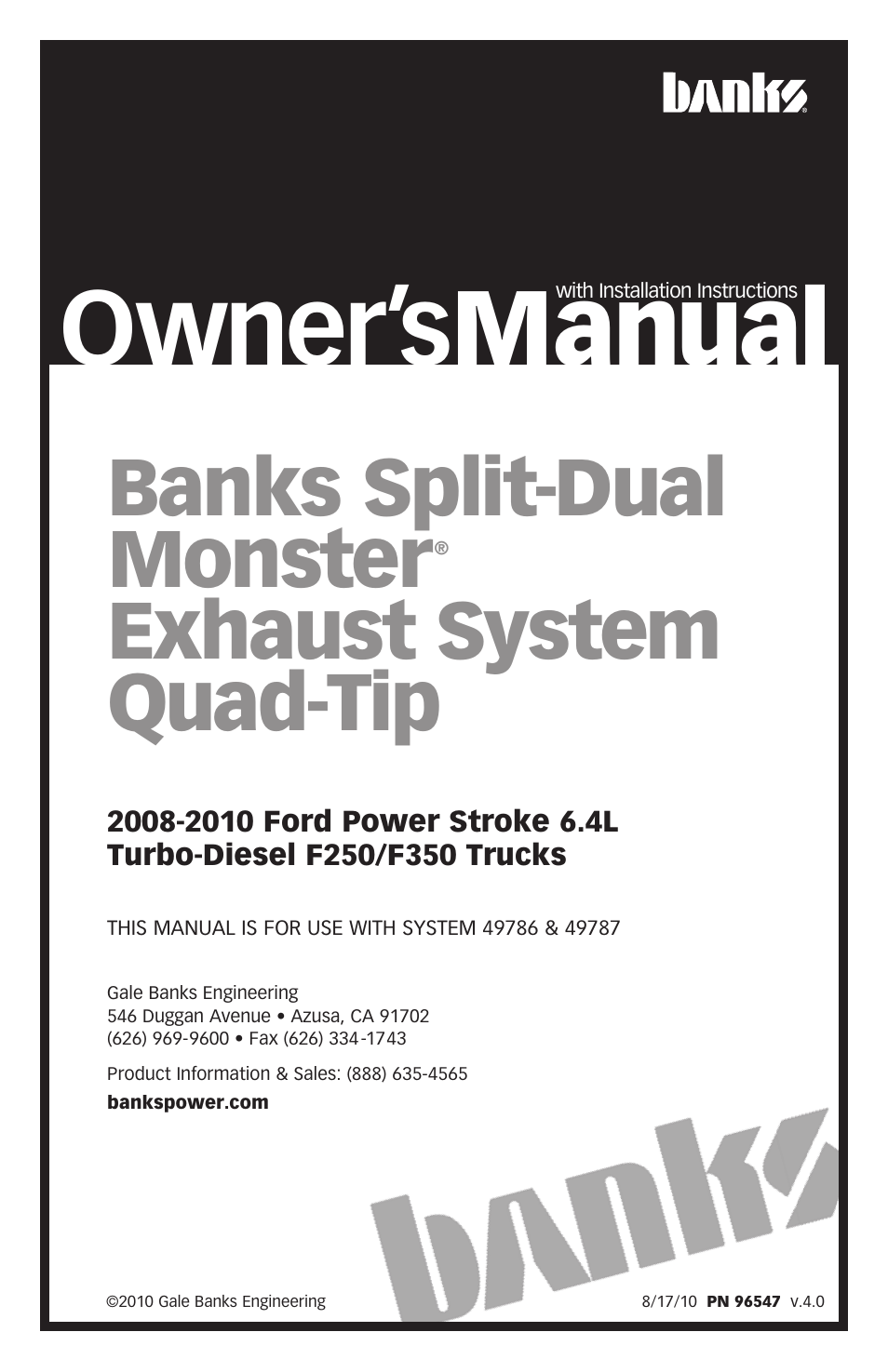 Banks Power Ford Trucks: (Diesel ’08 - 10 6.4L Power Stroke) Exhaust- Monster Exhaust, Split-Dual Quad-Tip '08-10 F-250_ F-350 User Manual | 20 pages