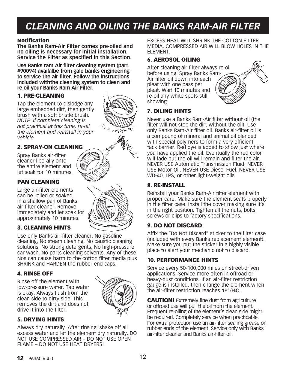 Cleaning and oiling the banks ram-air filter | Banks Power Ford Motorhomes: (Gas ’93 - 97 7.5L Class-C) PowerPack system (Class-C) For Use w_ 460 EFI Engine User Manual | Page 12 / 16