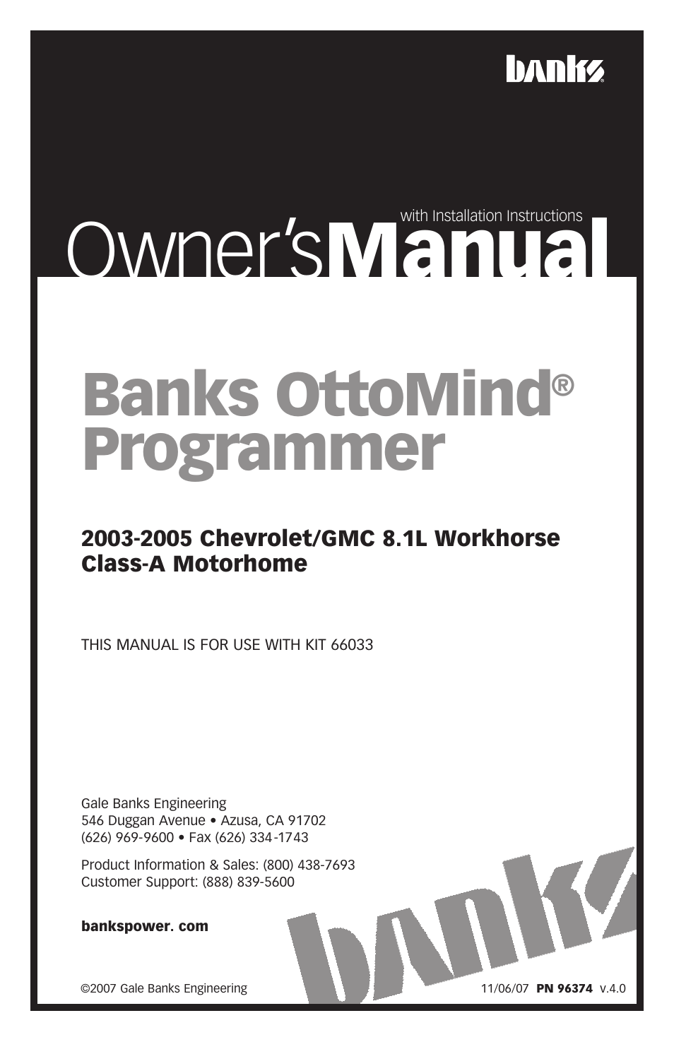 Banks Power GM Motorhomes: (Gas ’01 - 10 8.1L Workhorse) Programmer- AutoMind Programmer '03-05 Class-A MH User Manual | 16 pages