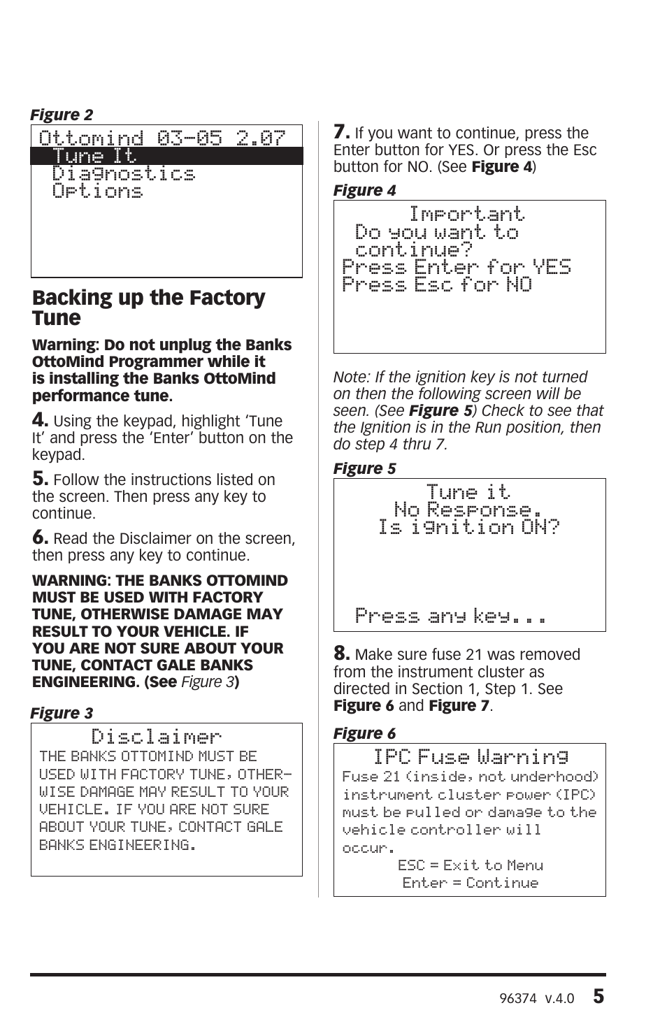 Disclaimer, Tune it no response. is ignition on? press any key, Ipc fuse warning | 5backing up the factory tune | Banks Power GM Motorhomes: (Gas ’01 - 10 8.1L Workhorse) Programmer- AutoMind Programmer '03-05 Class-A MH User Manual | Page 5 / 16