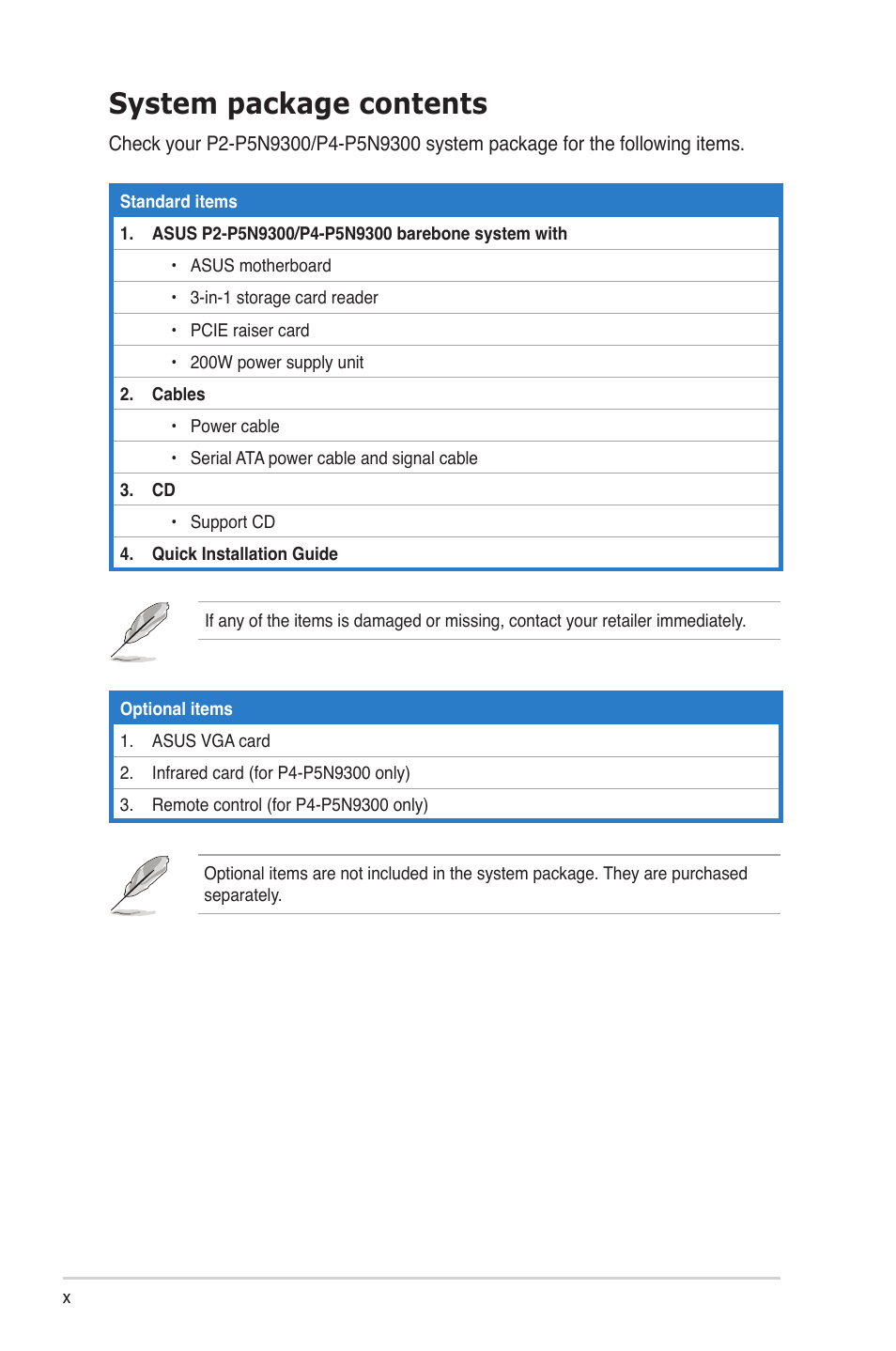 System package contents | Asus P4-P5N9300 User Manual | Page 10 / 82