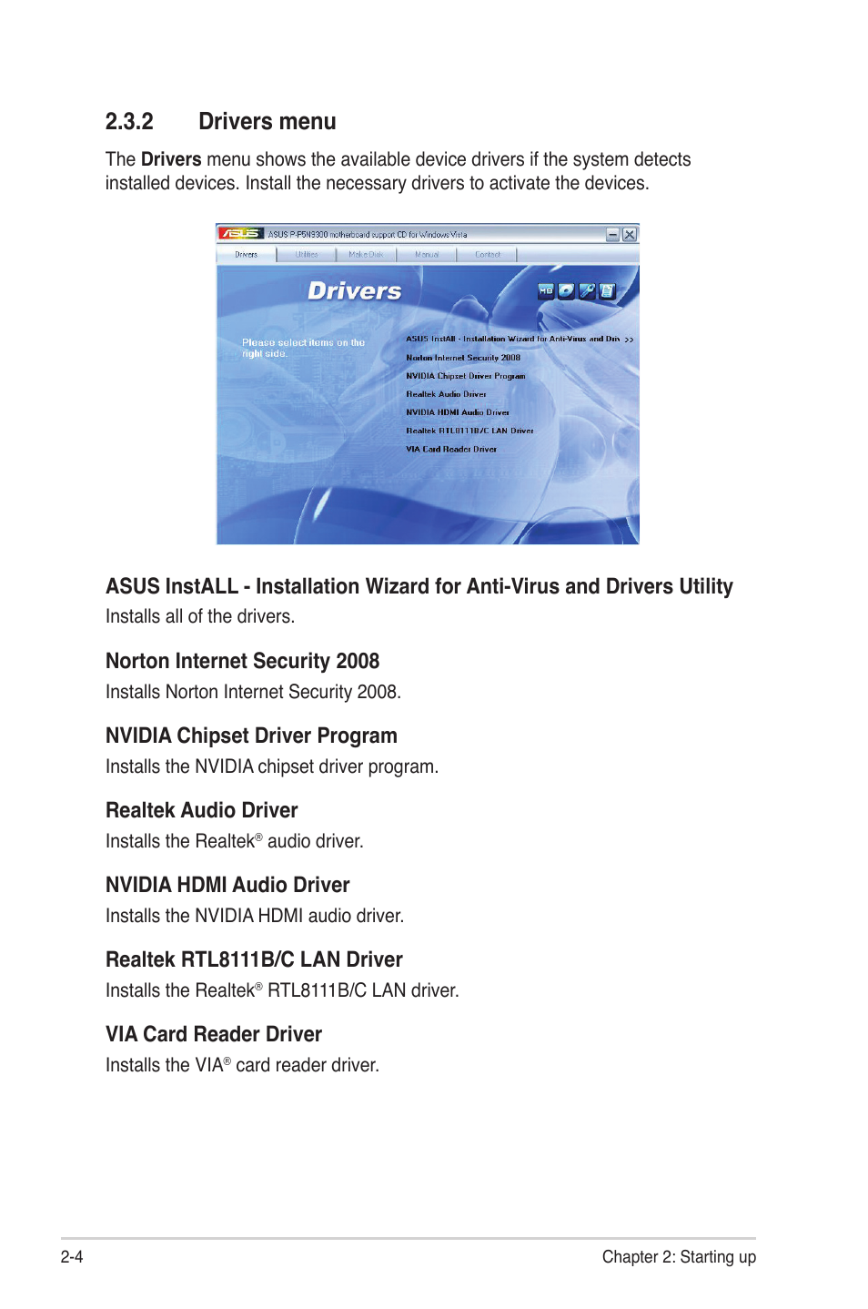 2 drivers menu, Drivers menu -4 | Asus P4-P5N9300 User Manual | Page 20 / 82