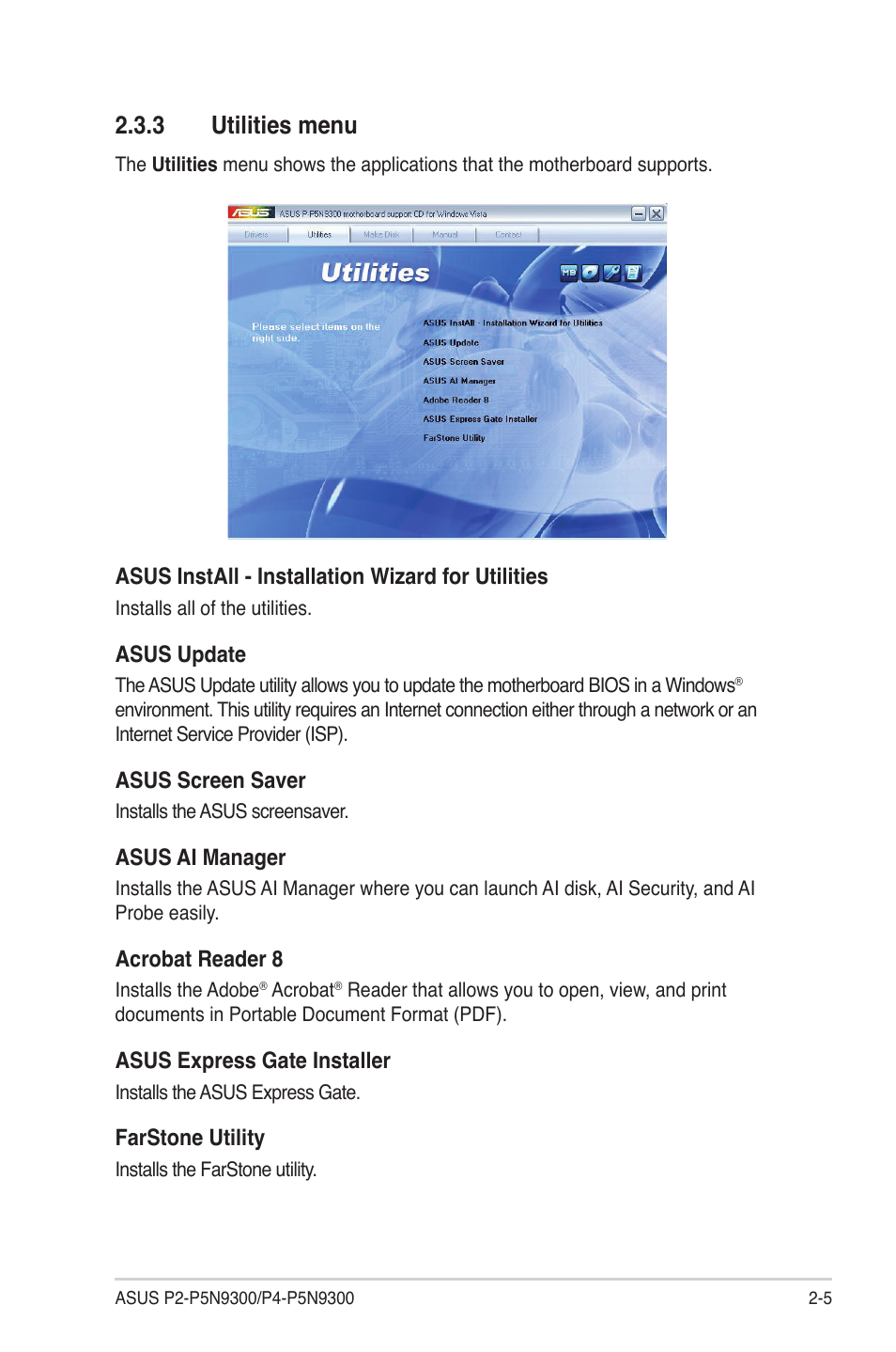 3 utilities menu, Utilities menu -5 | Asus P4-P5N9300 User Manual | Page 21 / 82