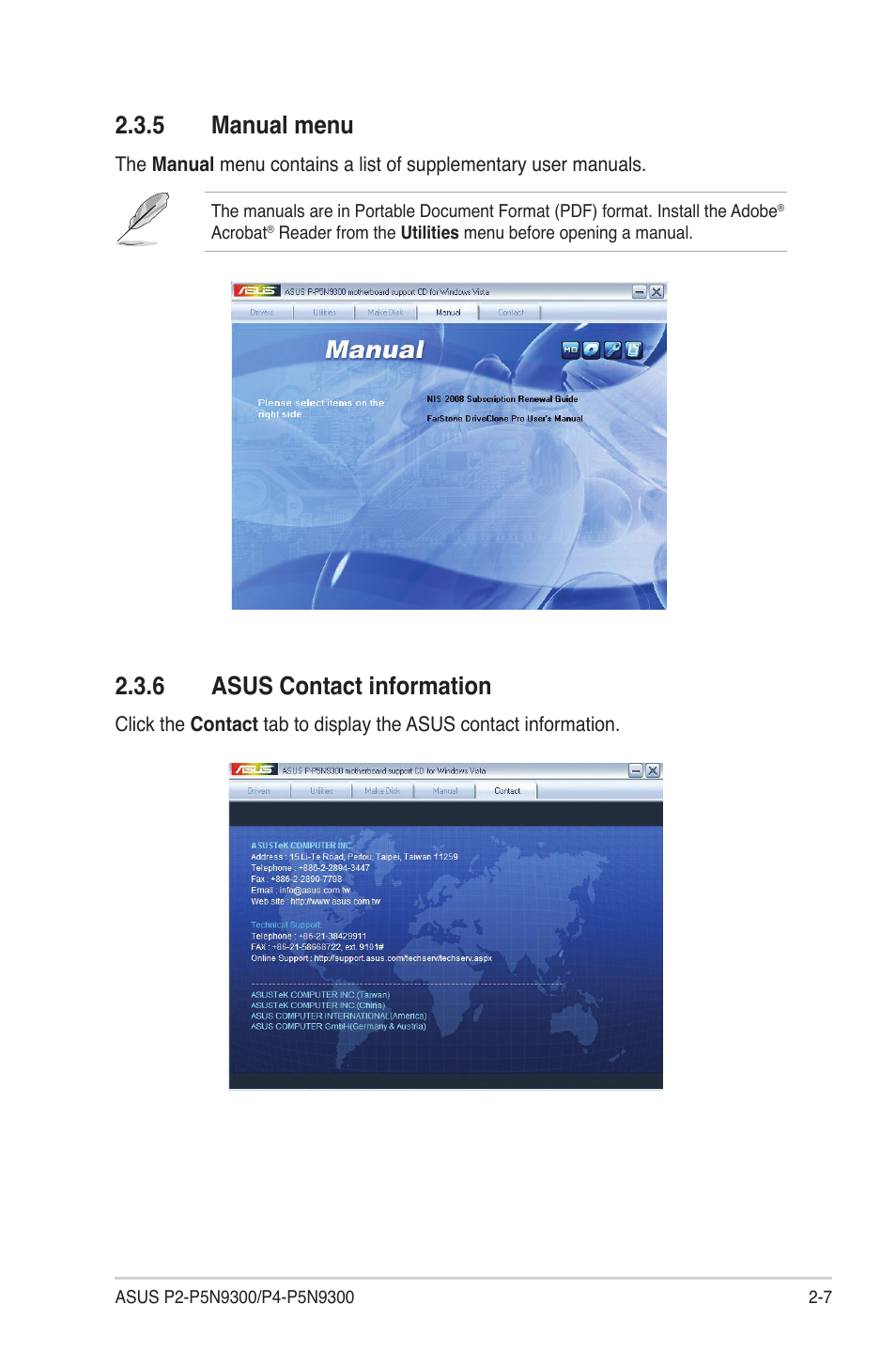 5 manual menu, 6 asus contact information, Manual menu -7 | Asus contact information -7 | Asus P4-P5N9300 User Manual | Page 23 / 82