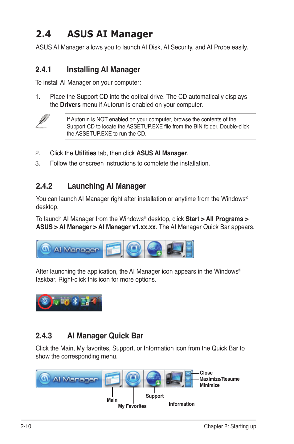 4 asus ai manager, 1 installing ai manager, 2 launching ai manager | 3 ai manager quick bar, Asus ai manager -10 2.4.1, Installing ai manager -10, Launching ai manager -10, Ai manager quick bar -10 | Asus P4-P5N9300 User Manual | Page 26 / 82