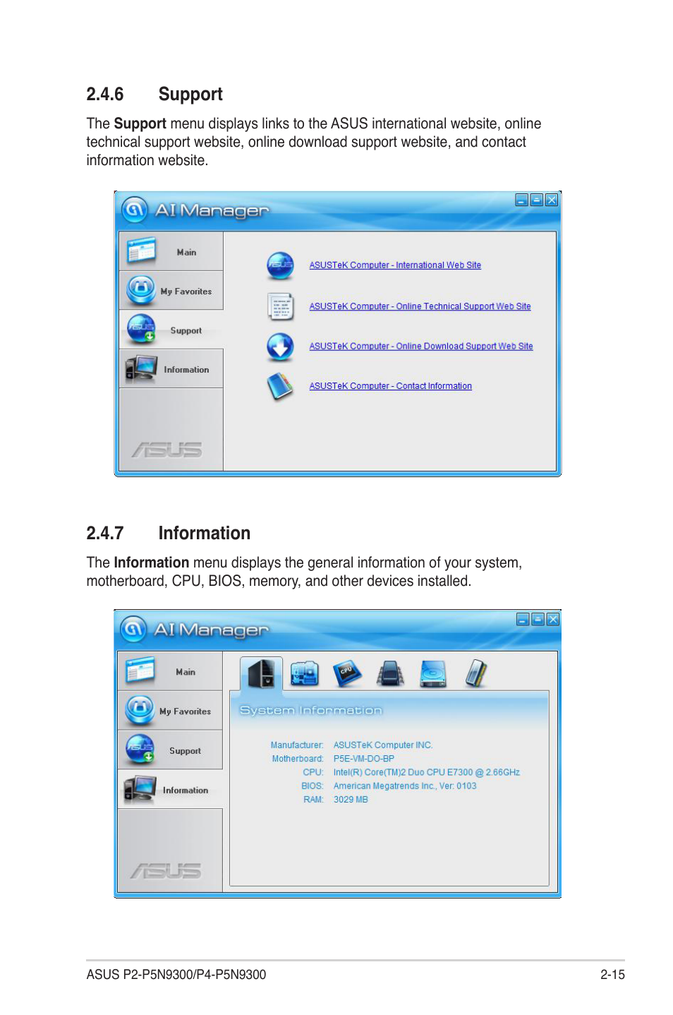 6 support, 7 information, Support -15 | Information -15 | Asus P4-P5N9300 User Manual | Page 31 / 82