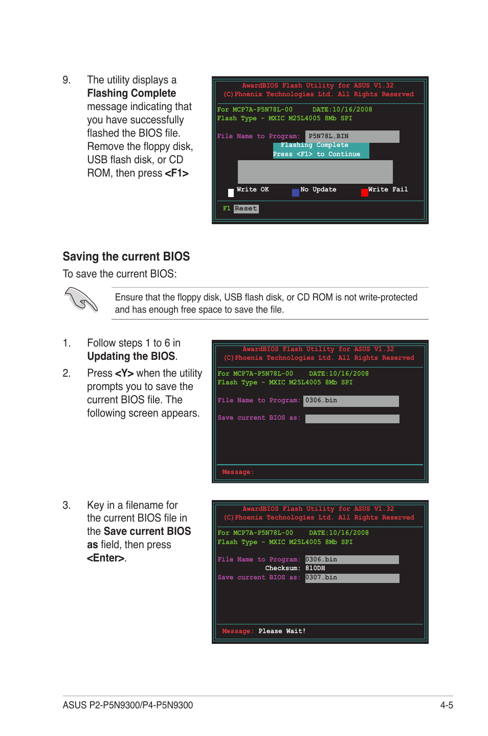 Saving the current bios | Asus P4-P5N9300 User Manual | Page 47 / 82