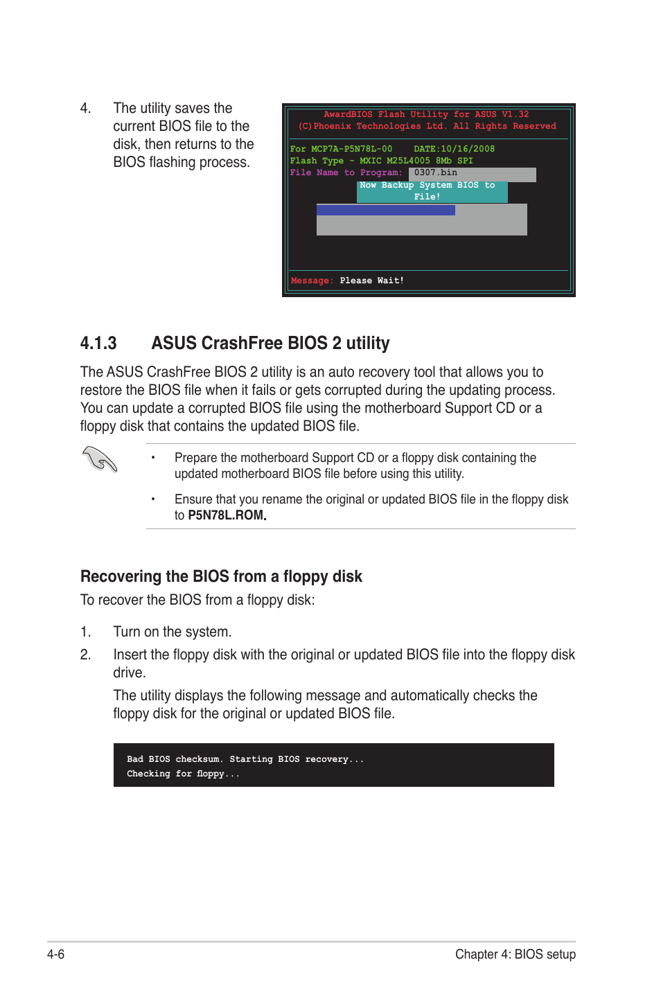 3 asus crashfree bios 2 utility, Asus crashfree bios 2 utility -6, Recovering the bios from a floppy disk | Asus P4-P5N9300 User Manual | Page 48 / 82