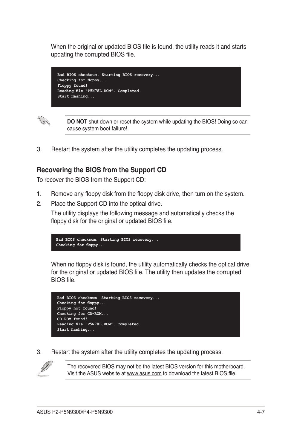 Recovering the bios from the support cd | Asus P4-P5N9300 User Manual | Page 49 / 82