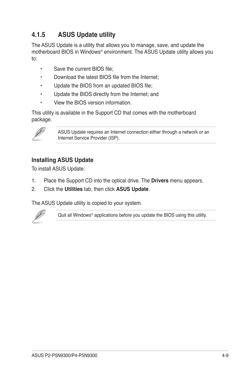 5 asus update utility, Asus update utility -9, Installing asus update | Asus P4-P5N9300 User Manual | Page 51 / 82