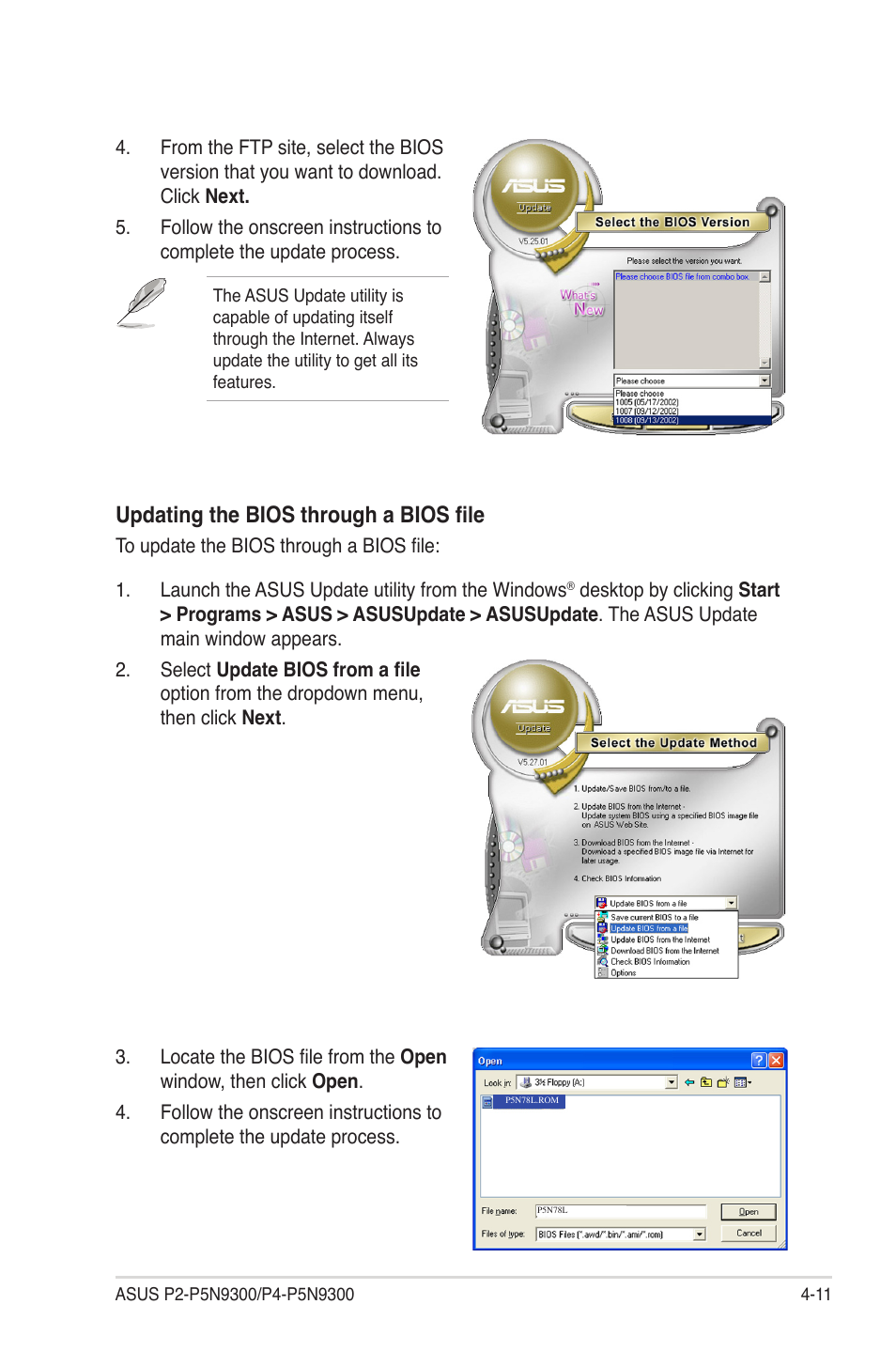 Updating the bios through a bios file | Asus P4-P5N9300 User Manual | Page 53 / 82