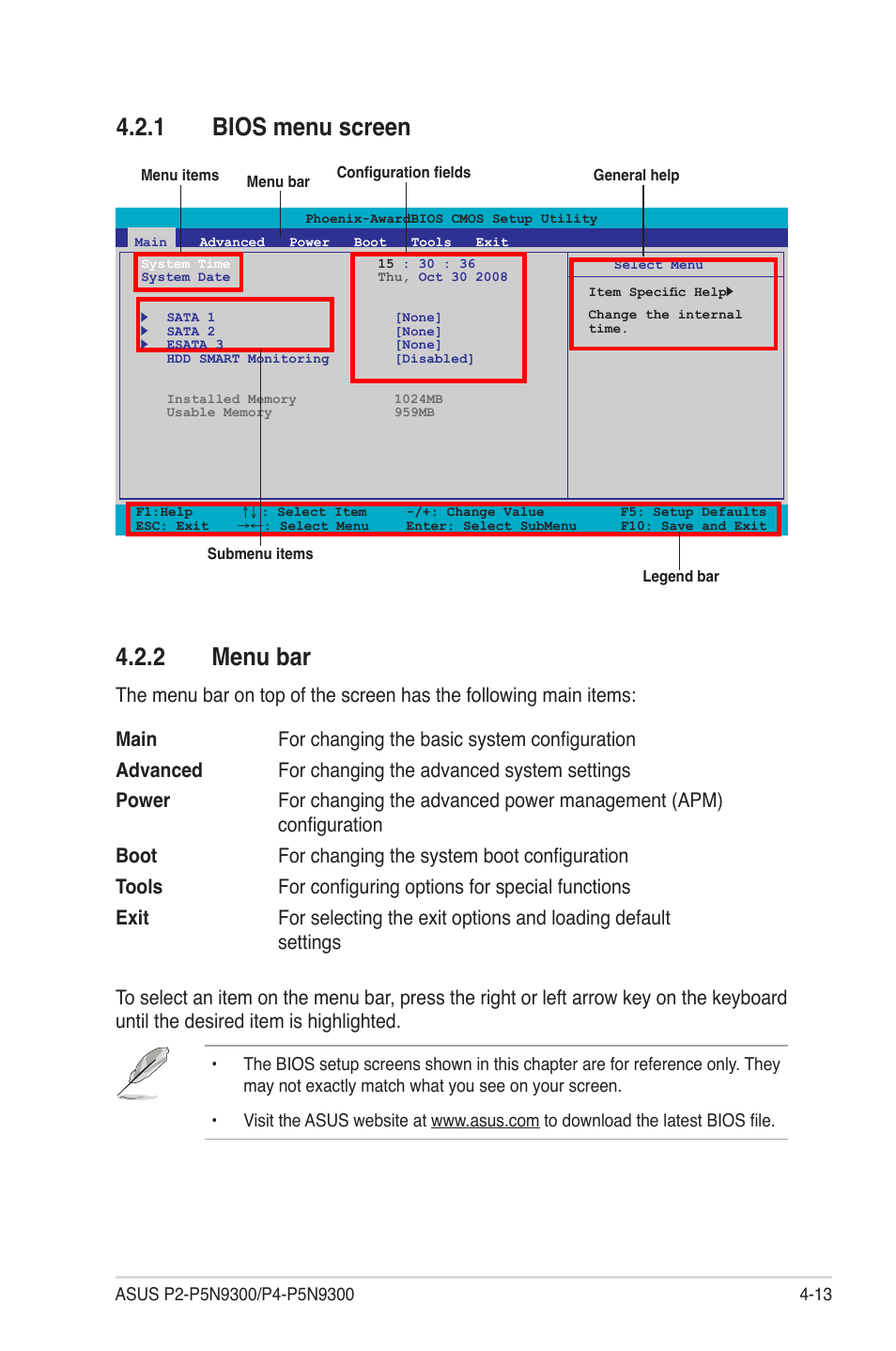 1 bios menu screen, 2 menu bar, Bios menu screen -13 | Menu bar -13, 1 bios menu screen 4.2.2 menu bar | Asus P4-P5N9300 User Manual | Page 55 / 82