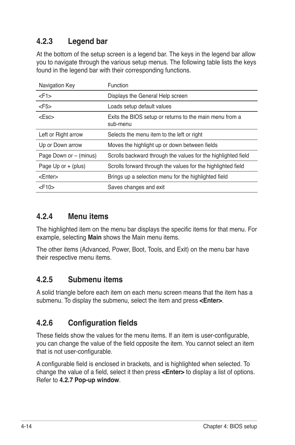 3 legend bar, 4 menu items, 5 submenu items | 6 configuration fields, Legend bar -14, Menu items -14, Submenu items -14, Configuration fields -14 | Asus P4-P5N9300 User Manual | Page 56 / 82