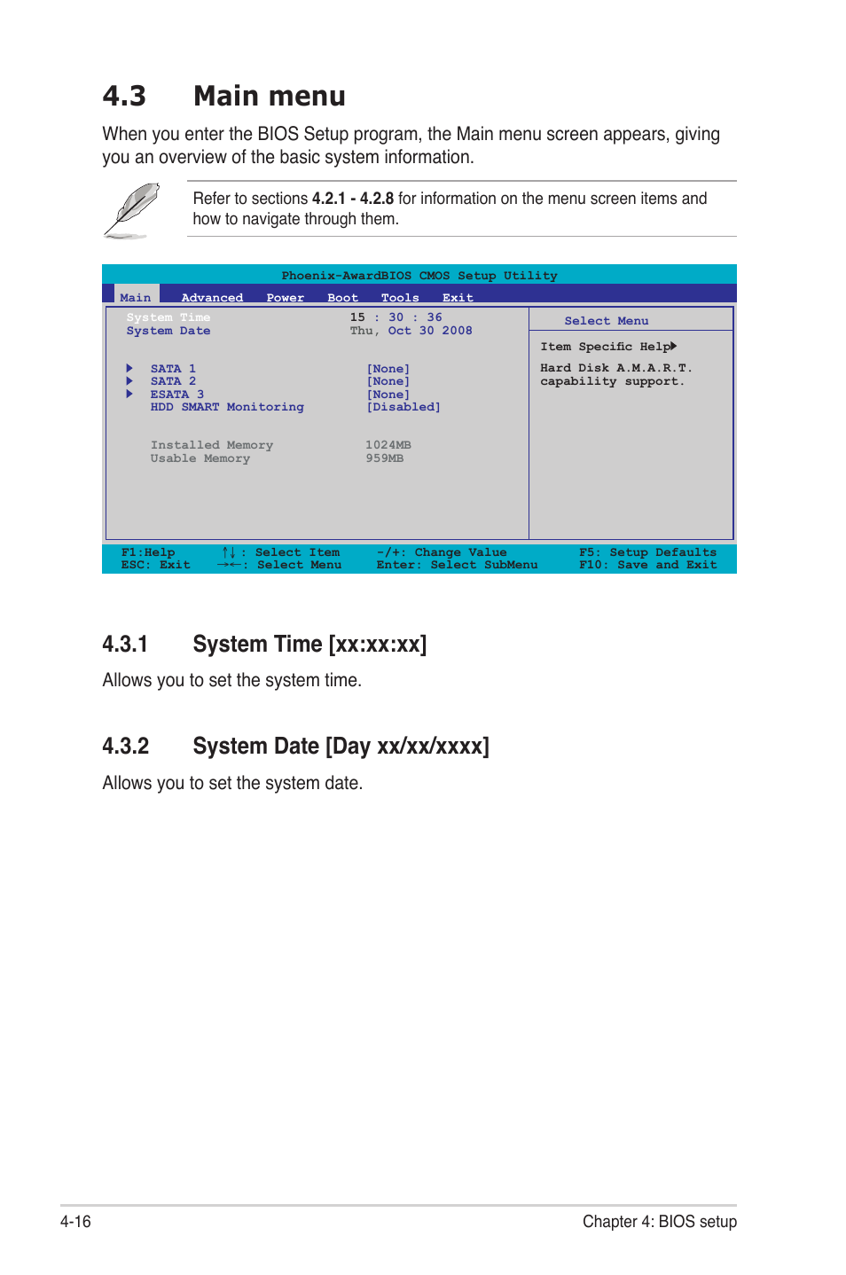 3 main menu, 1 system time, 2 system date | Main menu -16 4.3.1, System time -16, System date -16, 1 system time [xx:xx:xx, Allows you to set the system time, Allows you to set the system date | Asus P4-P5N9300 User Manual | Page 58 / 82