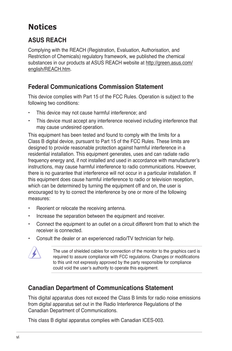 Notices, Asus reach, Canadian department of communications statement | Federal communications commission statement | Asus P4-P5N9300 User Manual | Page 6 / 82