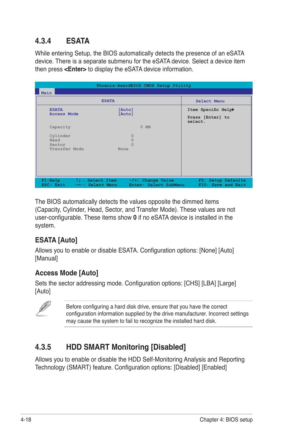 4 esata, 5 hdd smart monitoring, Esata -18 | Hdd smart monitoring -18, 5 hdd smart monitoring [disabled, Esata [auto, Access mode [auto | Asus P4-P5N9300 User Manual | Page 60 / 82