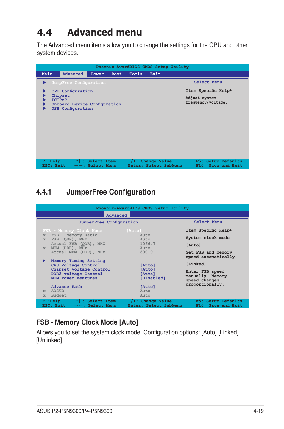 4 advanced menu, 1 jumperfree configuration | Asus P4-P5N9300 User Manual | Page 61 / 82