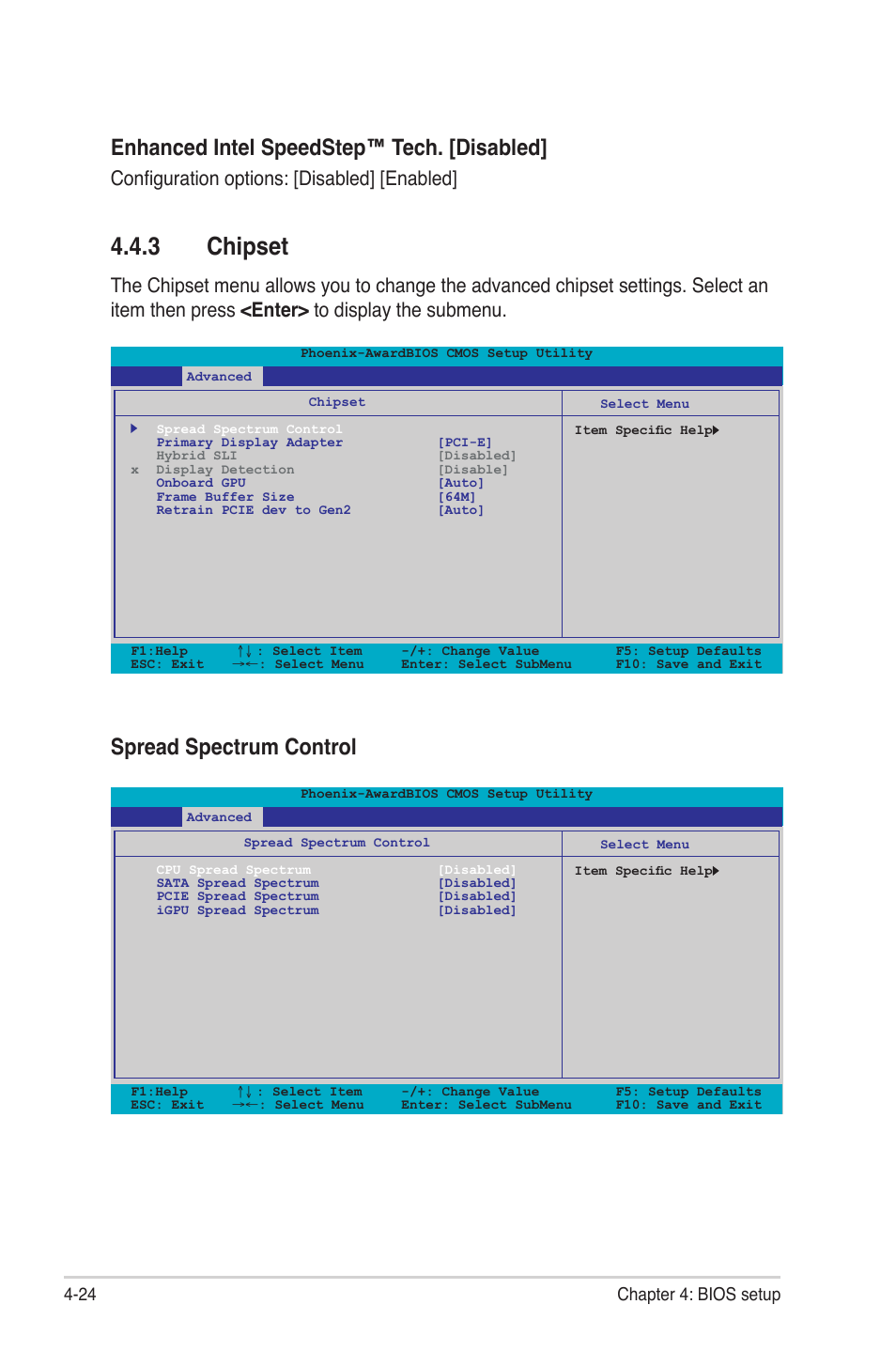 3 chipset, Chipset -24, Enhanced intel speedstep™ tech. [disabled | Spread spectrum control, Configuration options: [disabled] [enabled, 24 chapter 4: bios setup | Asus P4-P5N9300 User Manual | Page 66 / 82