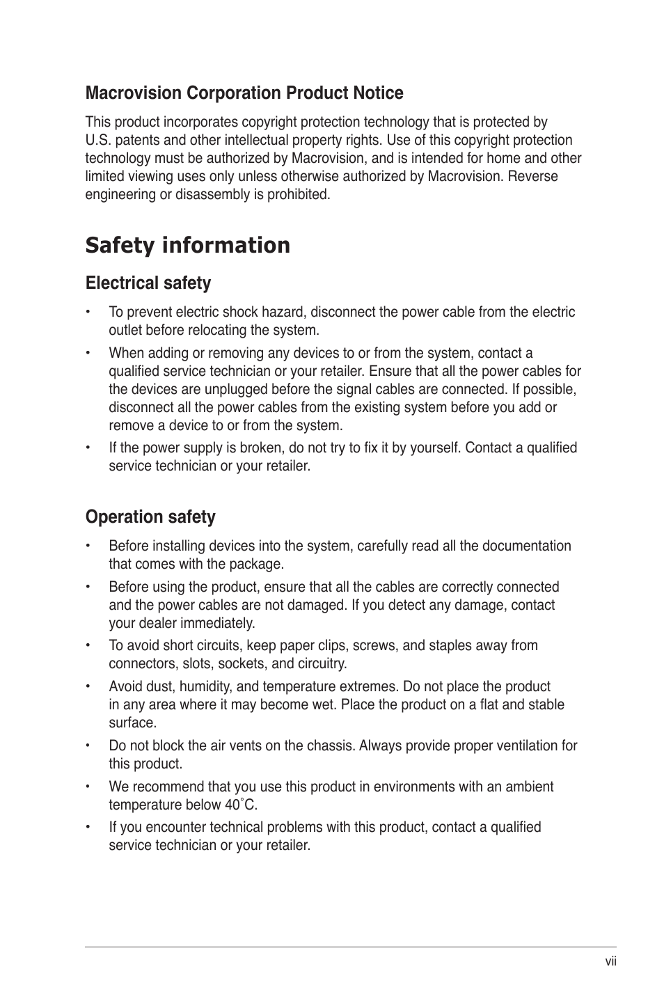 Safety information, Electrical safety, Operation safety | Macrovision corporation product notice | Asus P4-P5N9300 User Manual | Page 7 / 82