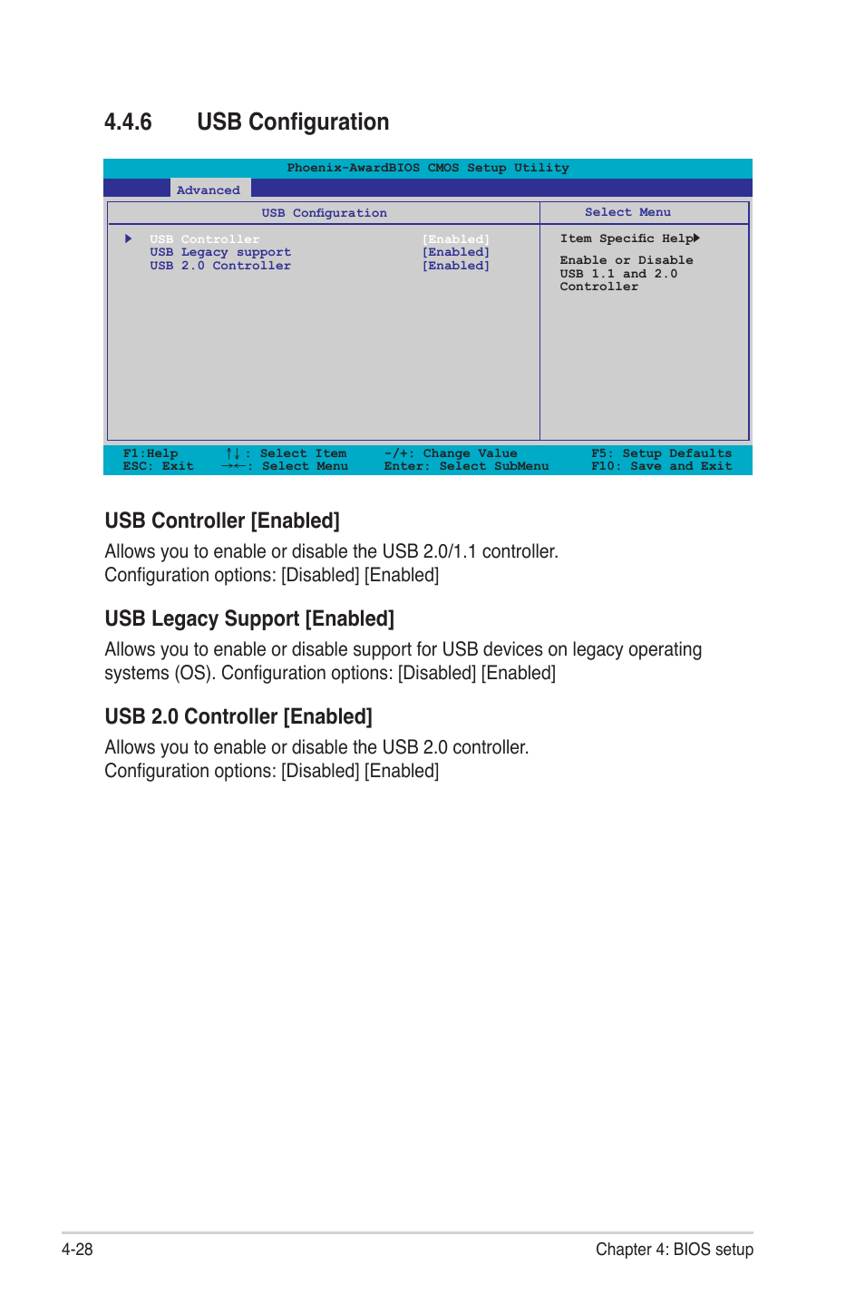 6 usb configuration, Usb configuration -28, Usb controller [enabled | Usb legacy support [enabled, Usb 2.0 controller [enabled | Asus P4-P5N9300 User Manual | Page 70 / 82