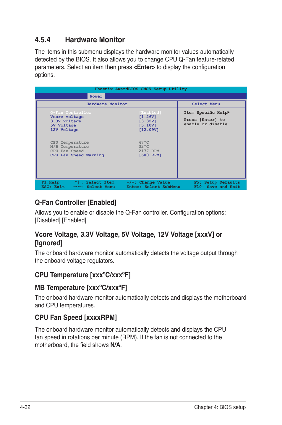 4 hardware monitor, Hardware monitor -32, Q-fan controller [enabled | Asus P4-P5N9300 User Manual | Page 74 / 82