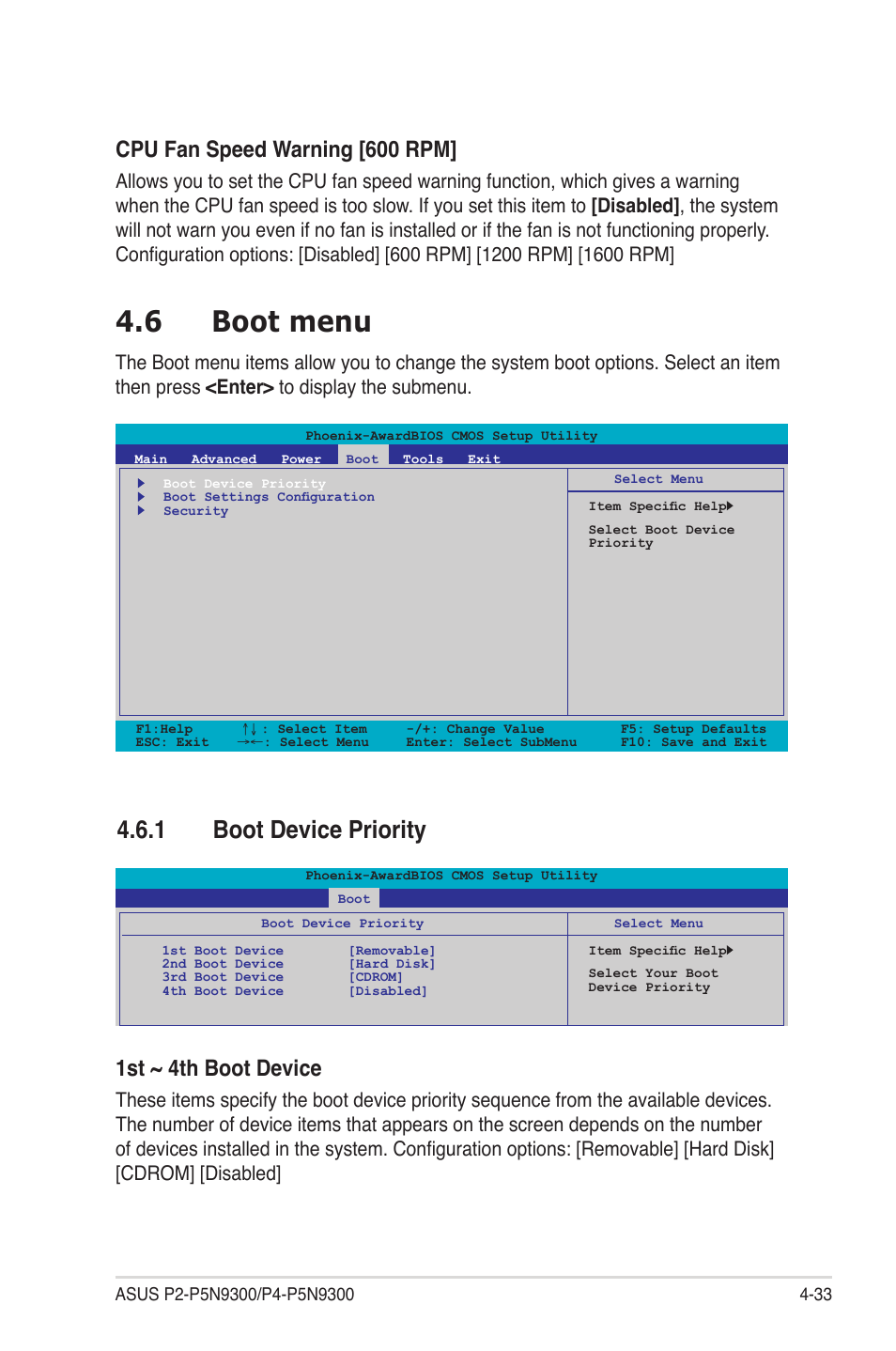 6 boot menu, 1 boot device priority, Boot menu -33 4.6.1 | Boot device priority -33, Cpu fan speed warning [600 rpm, 1st ~ 4th boot device | Asus P4-P5N9300 User Manual | Page 75 / 82