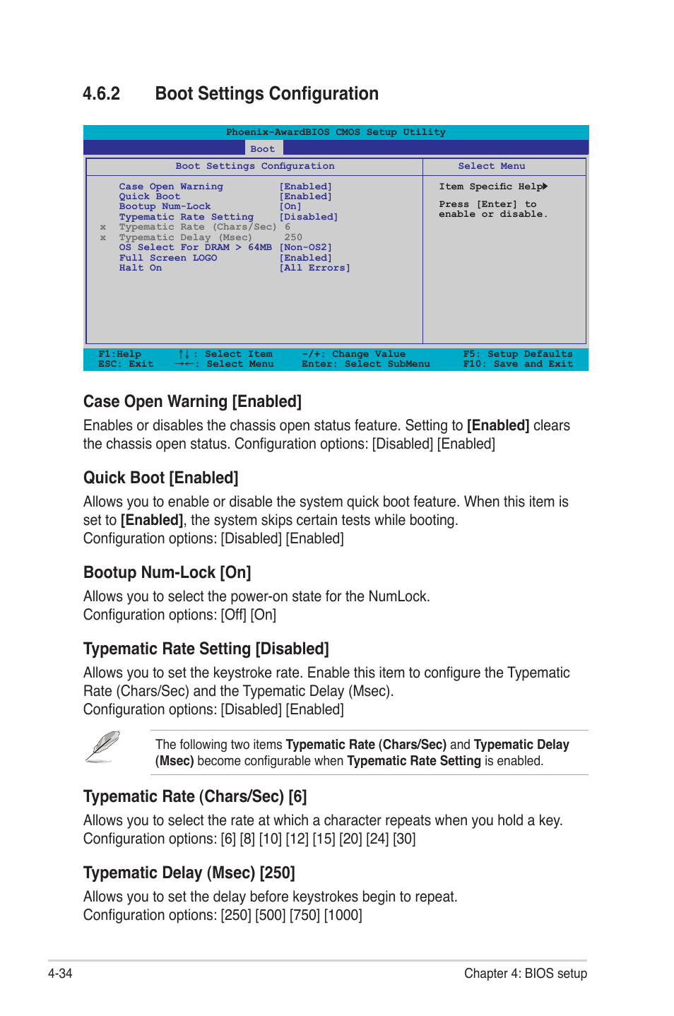 2 boot settings configuration, Boot settings configuration -34, Case open warning [enabled | Quick boot [enabled, Bootup num-lock [on, Typematic rate setting [disabled, Typematic rate (chars/sec) [6, Typematic delay (msec) [250 | Asus P4-P5N9300 User Manual | Page 76 / 82