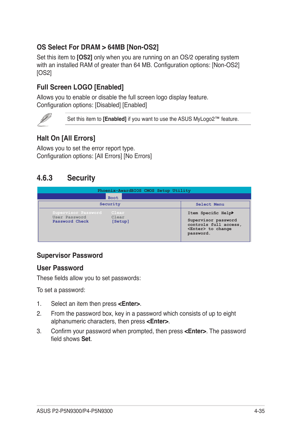 3 security, Security -35, Os select for dram > 64mb [non-os2 | Full screen logo [enabled, Supervisor password user password, Halt on [all errors | Asus P4-P5N9300 User Manual | Page 77 / 82