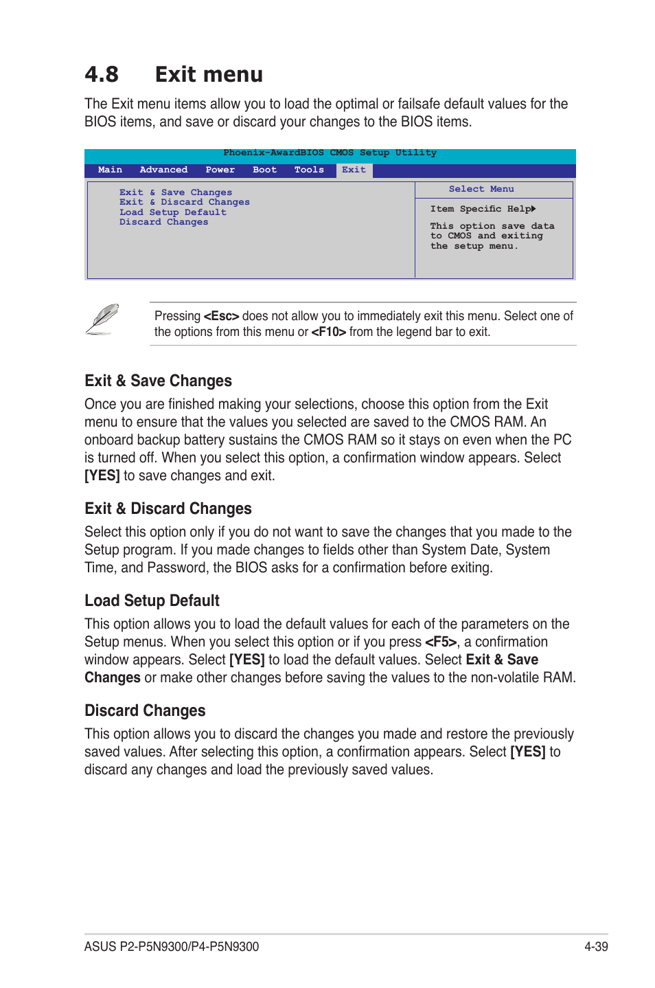 8 exit menu, Exit menu -39, Exit & save changes | Exit & discard changes, Load setup default, Discard changes | Asus P4-P5N9300 User Manual | Page 81 / 82