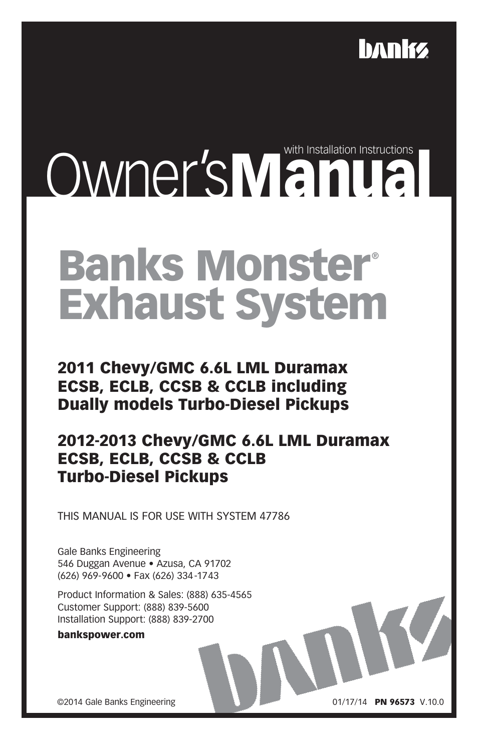 Banks Power 2011 Chevy_GMC 6.6L LML Duramax ECSB, ECLB, CCSB & CCLB including Dually models Turbo-Diesel Pickups User Manual | 8 pages