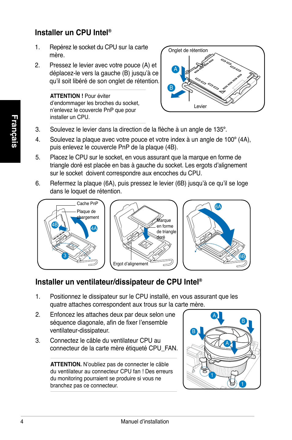 Français, Installer un cpu intel, Installer un ventilateur/dissipateur de cpu intel | Asus P2-P5945GC User Manual | Page 12 / 80
