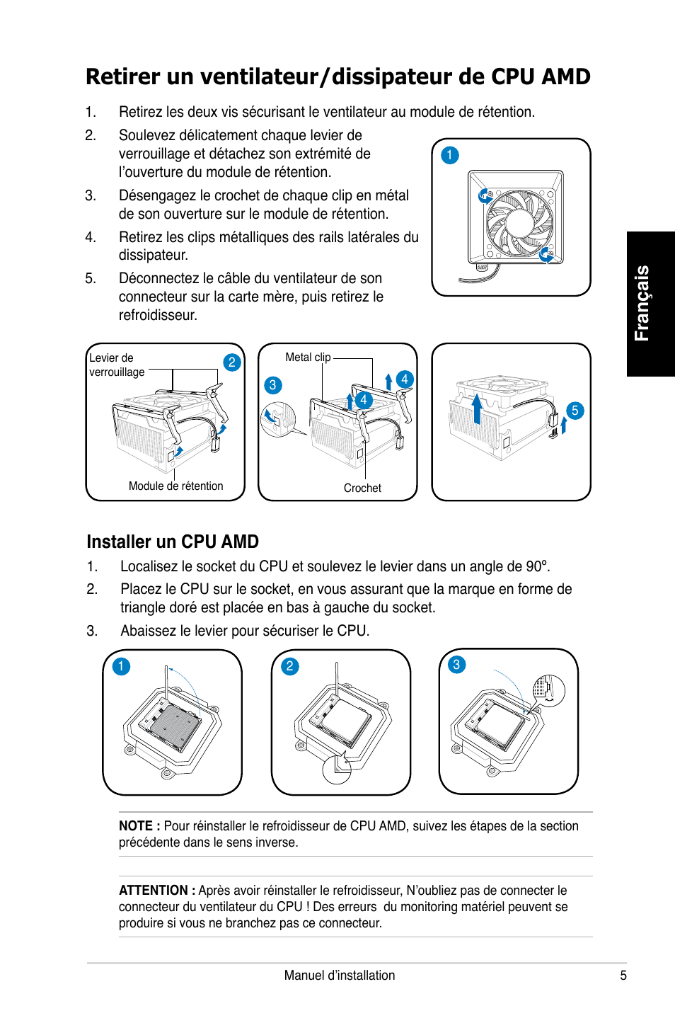 Retirer un ventilateur/dissipateur de cpu amd, Français, Installer un cpu amd | Asus P2-P5945GC User Manual | Page 13 / 80