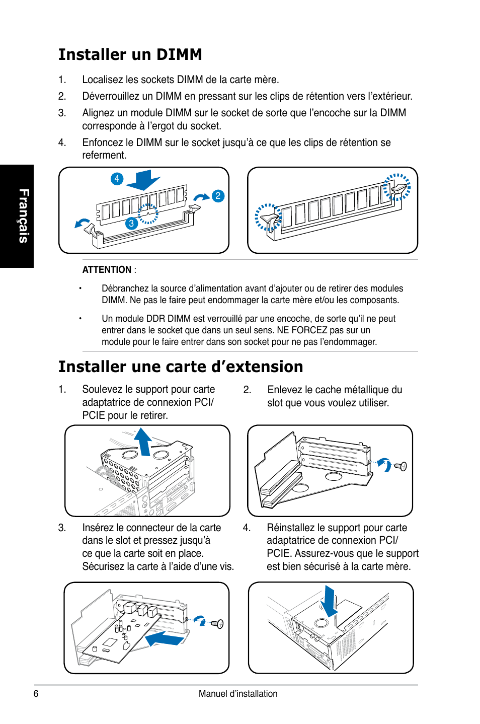 Installer une carte d’extension, Installer un dimm, Français | Asus P2-P5945GC User Manual | Page 14 / 80