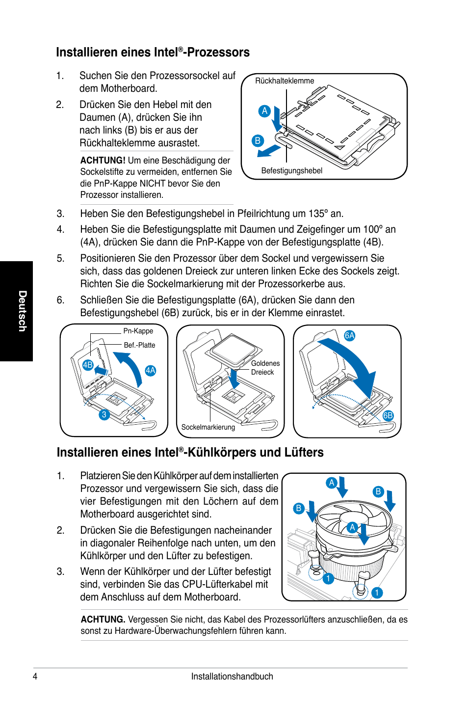 Installieren eines intel, Prozessors, Kühlkörpers und lüfters | Asus P2-P5945GC User Manual | Page 20 / 80