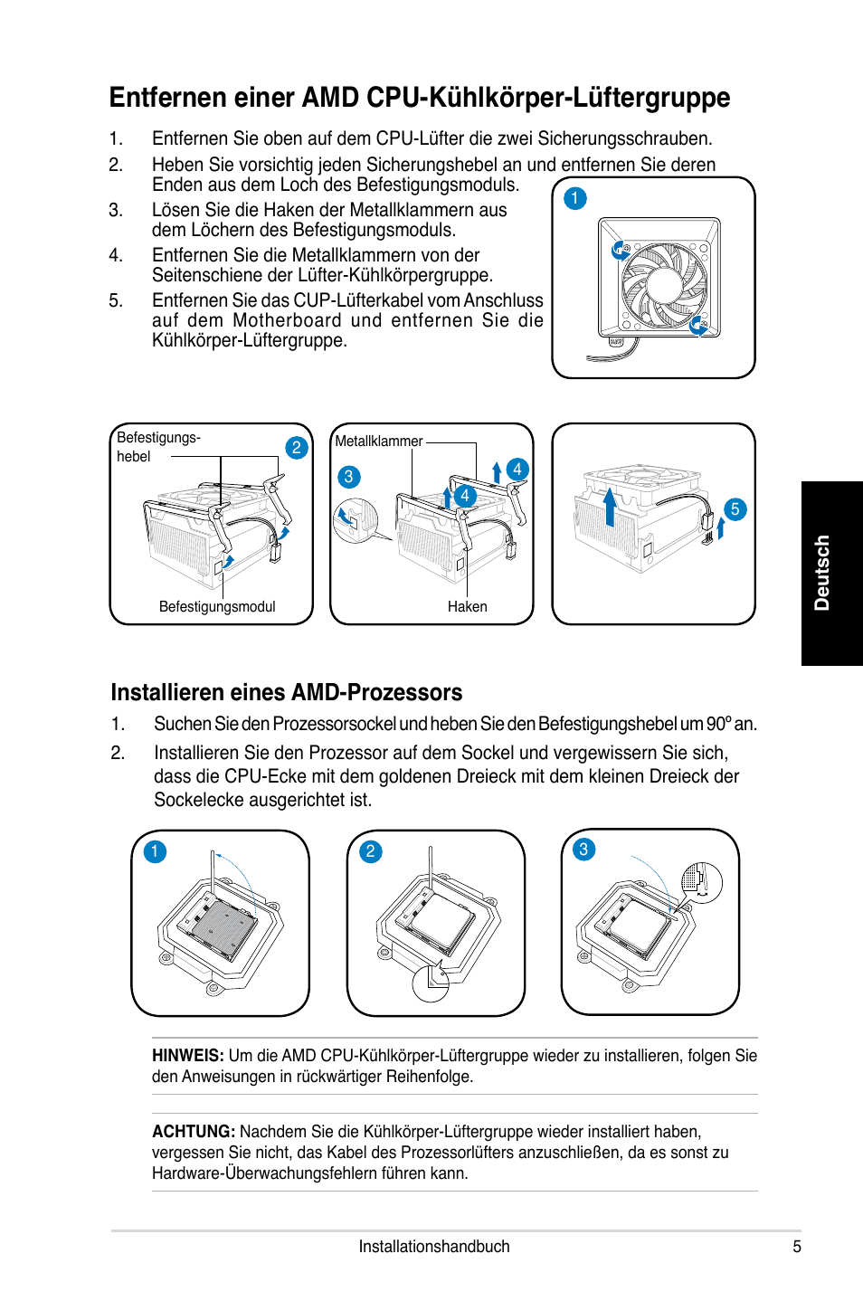 Entfernen einer amd cpu-kühlkörper-lüftergruppe, Installieren eines amd-prozessors | Asus P2-P5945GC User Manual | Page 21 / 80