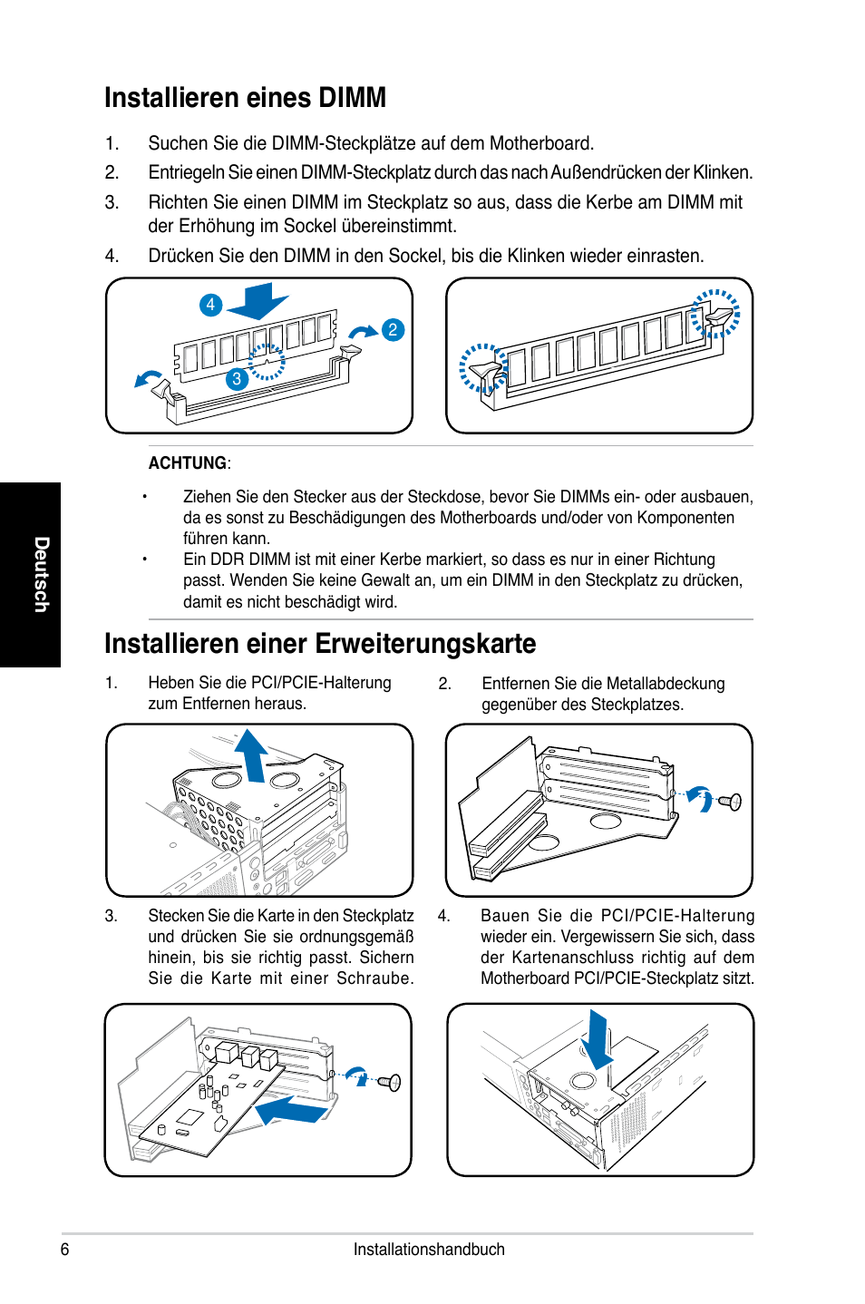 Installieren einer erweiterungskarte, Installieren eines dimm | Asus P2-P5945GC User Manual | Page 22 / 80