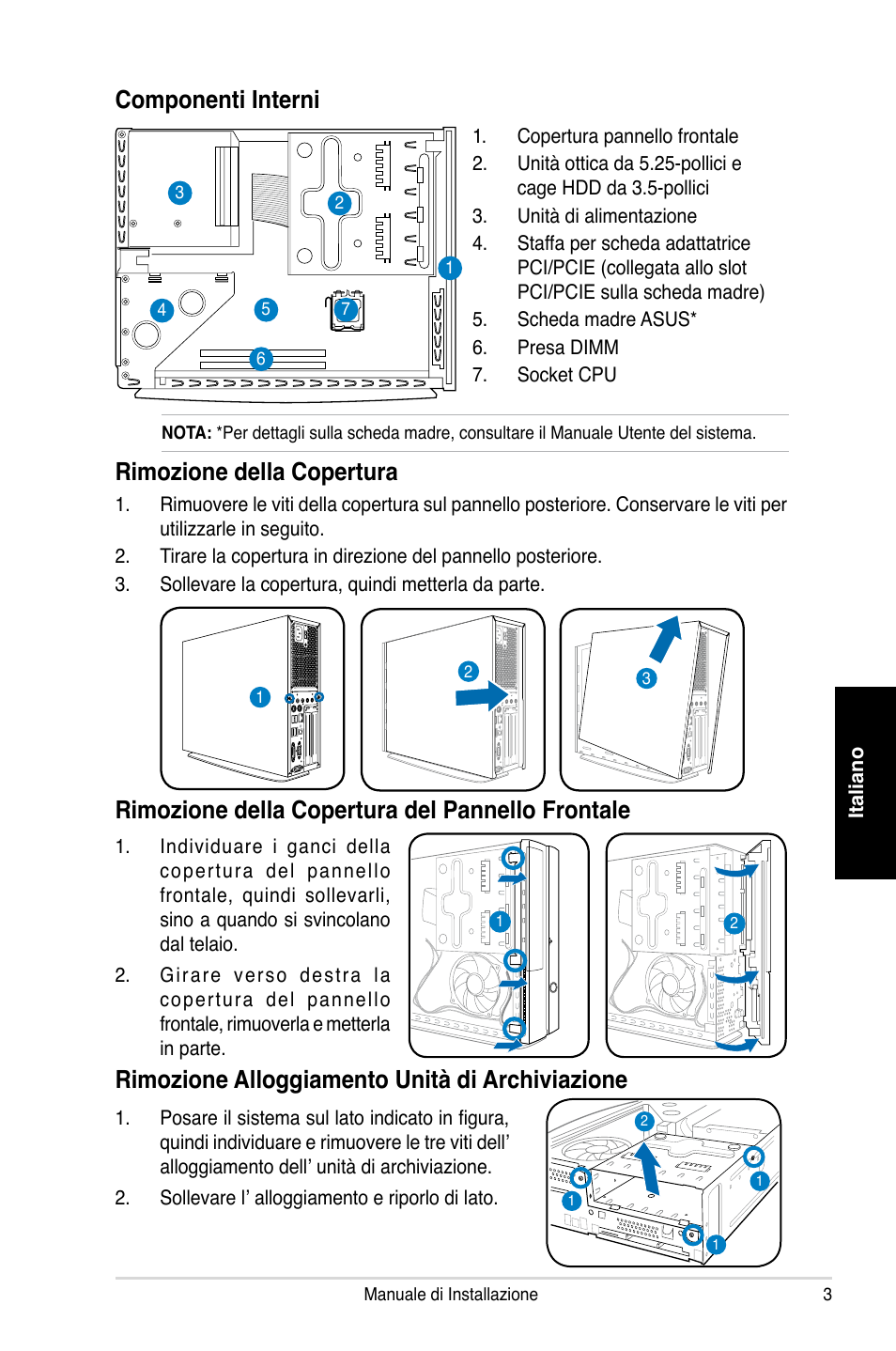 Componenti interni, Rimozione della copertura, Rimozione della copertura del pannello frontale | Rimozione alloggiamento unità di archiviazione | Asus P2-P5945GC User Manual | Page 27 / 80