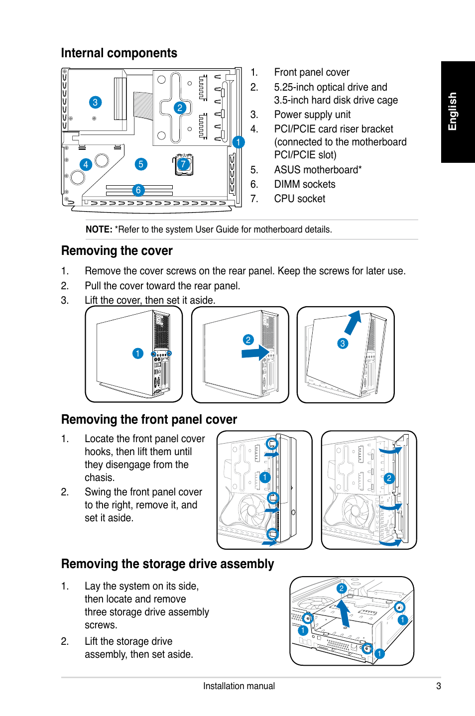 Internal components, Removing the cover, Removing the front panel cover | Removing the storage drive assembly | Asus P2-P5945GC User Manual | Page 3 / 80